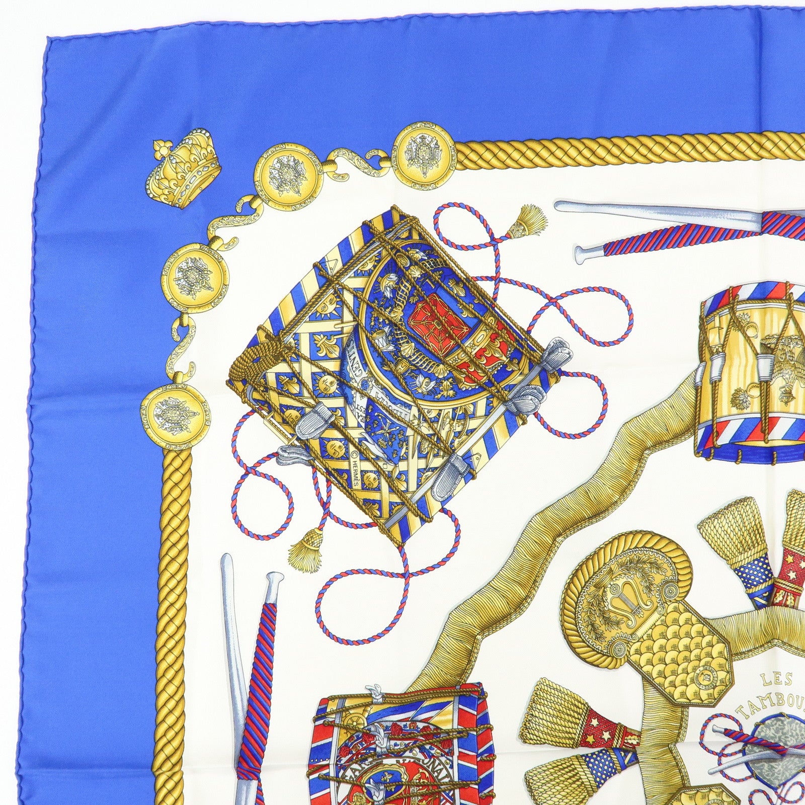 HERMES Carre 90 Silk 100% Scarf LES TAMBOURS Drum Print Navy Gold