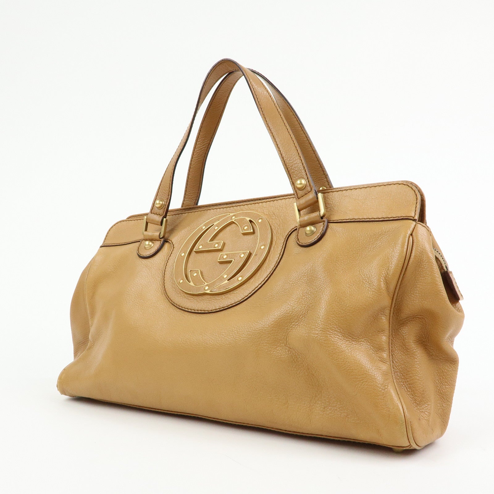 GUCCI Interlocking G Leather Blondie Studs Hand Bag Brown 121551