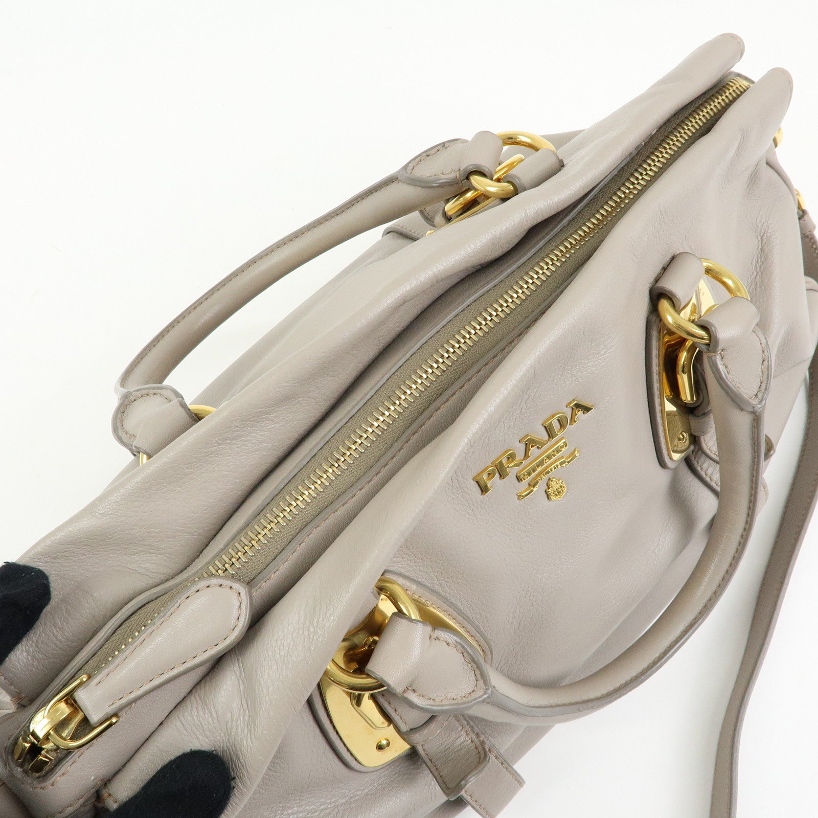 PRADA Logo Leather 2Way Bag Hand Bag Shoulder Bag Greige