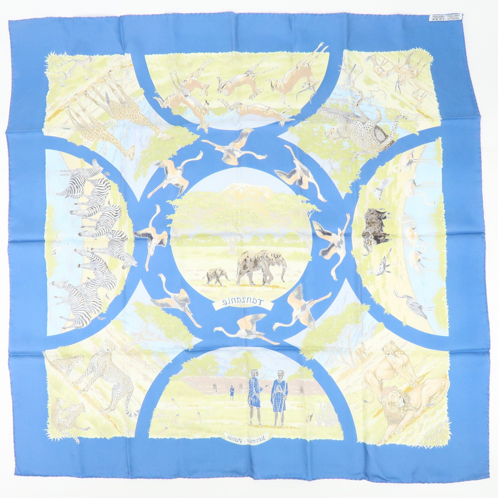 HERMES Carre 90 Silk 100% Scarf Tanzanie Animal Print Blue Green