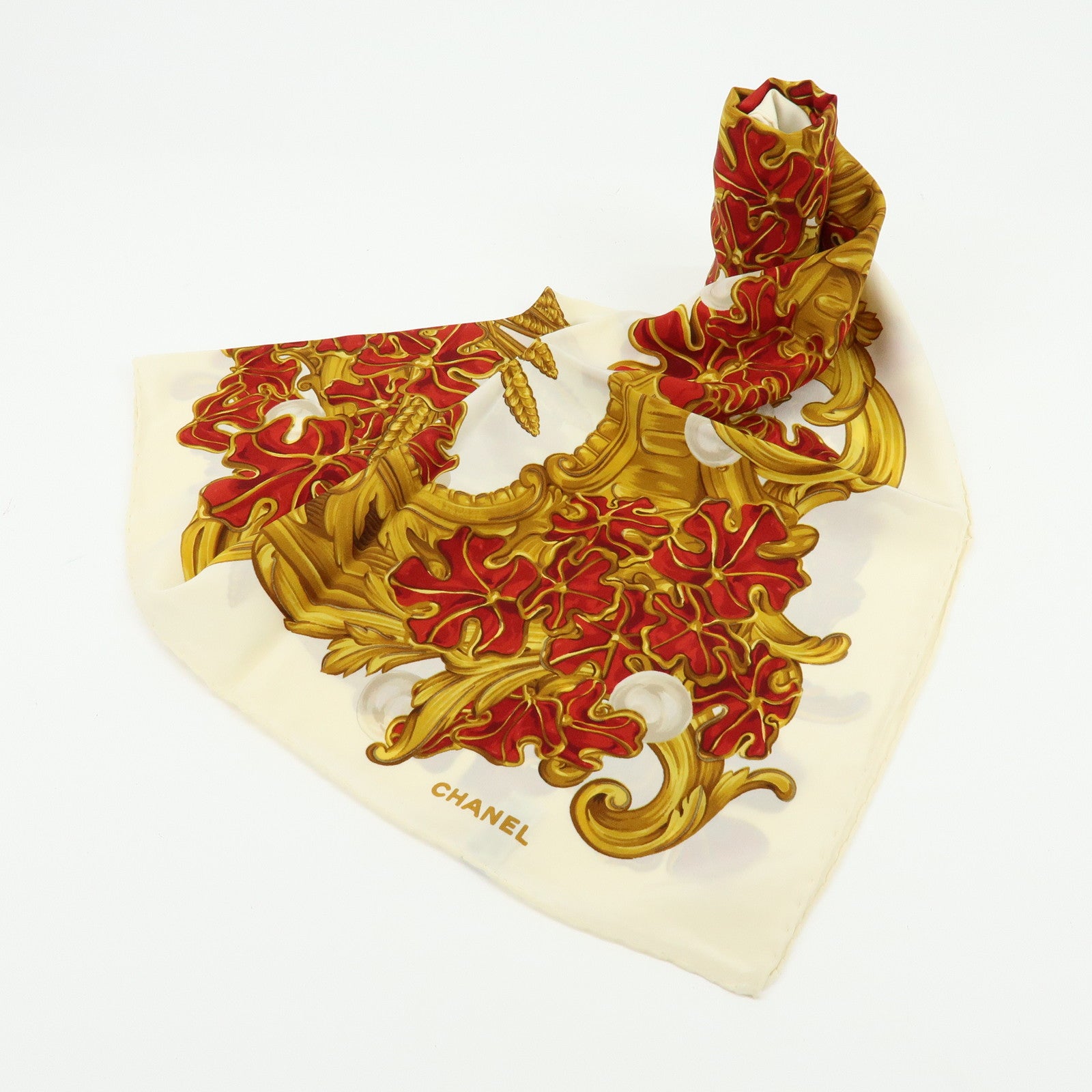 CHANEL Silk 100% Scarf Pearl Flower Motif Gold Red Ivory