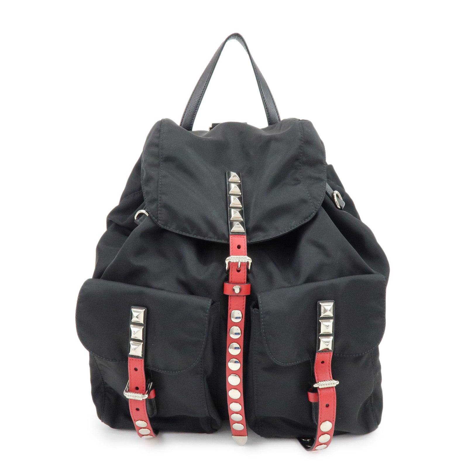 PRADA Triangle Logo Nylon Leather Backpack Studs Black Red1BZ811