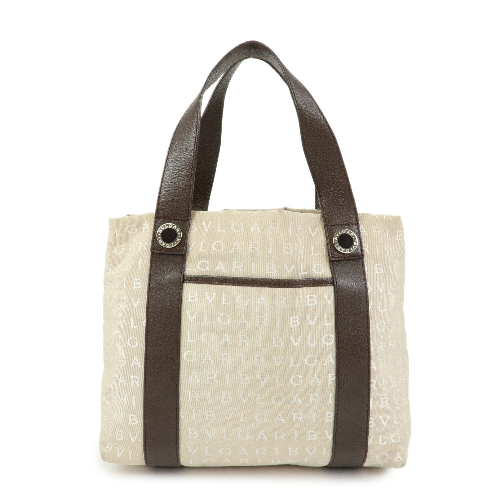 BVLGARI Logo Mania Canvas Leather Tote Bag Hand Bag Beige Brown