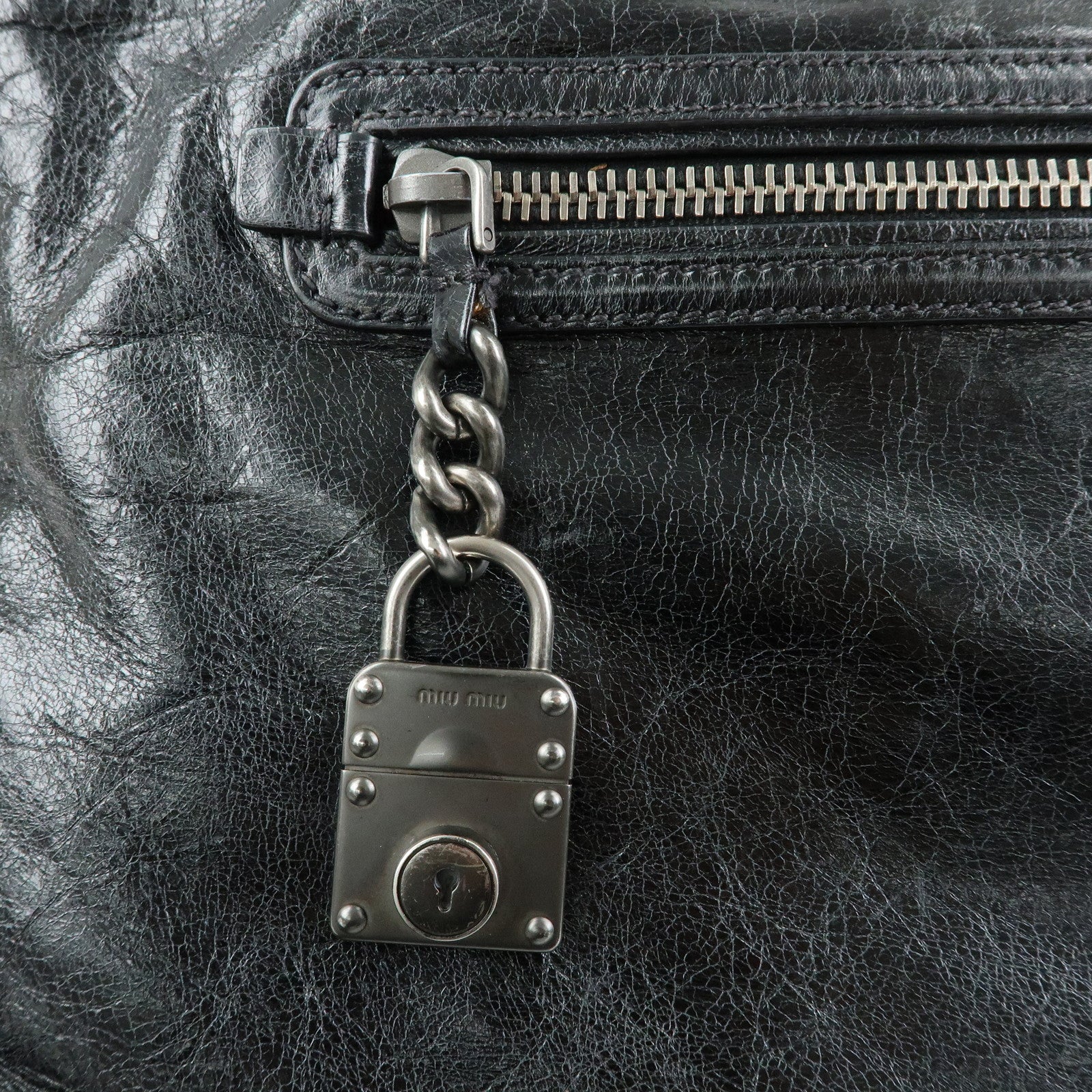 MIU MIU Leather Tote Bag Shoulder Bag Black Padlock Charm