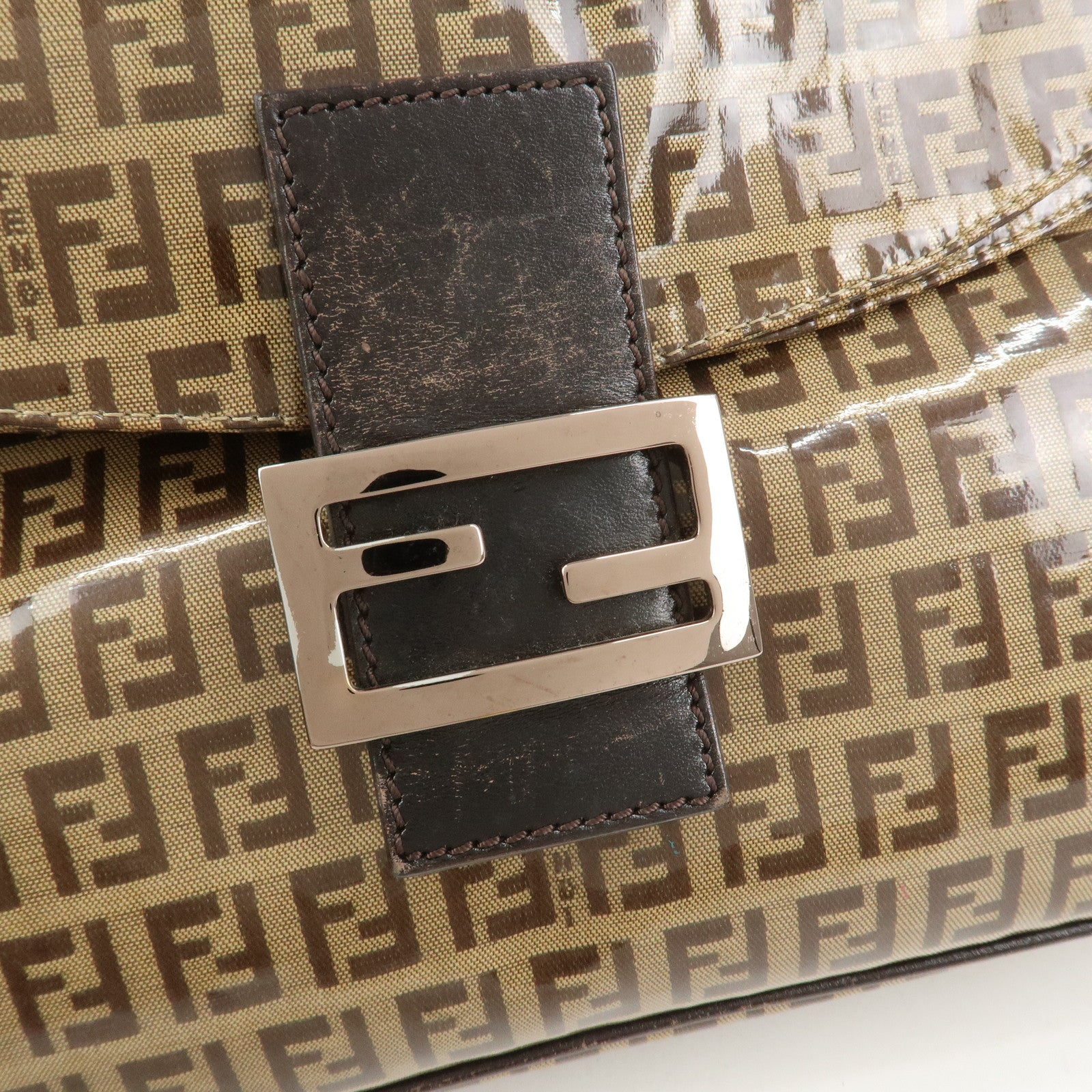 FENDI Zucchino PVC Canvas Leather Shoulder Bag Brown 8BR002