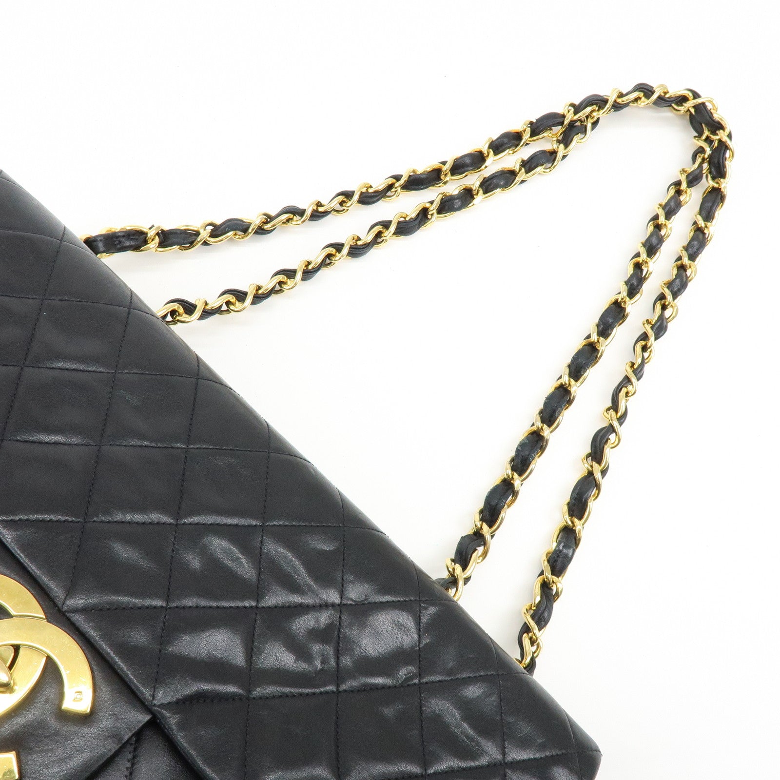CHANEL Matelasse Lamb Skin Maxi 34 Single Flap Shoulder Bag Black