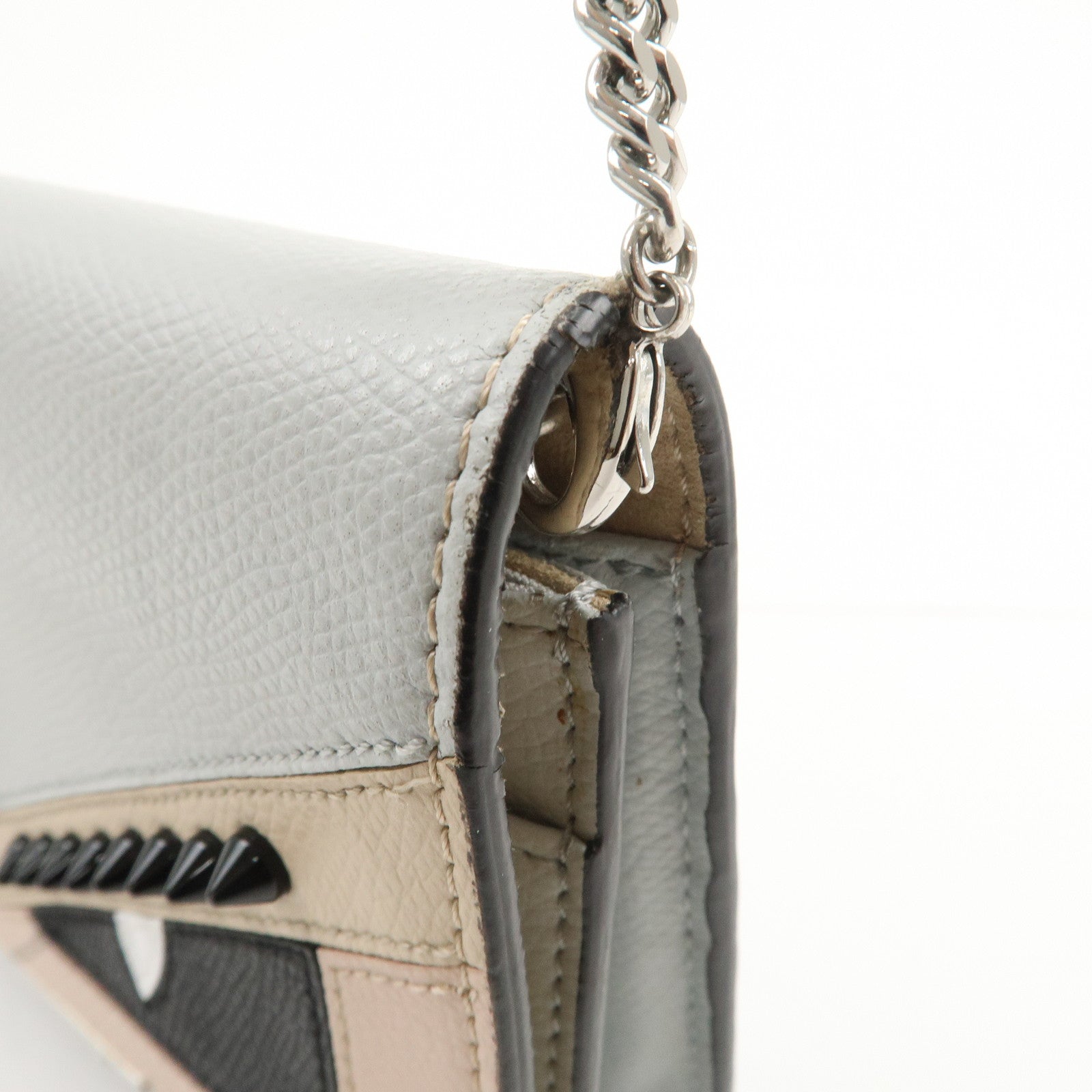 FENDI Logo Leather Monster Shoulder Bag Crossbody Bag Gray 8M0346