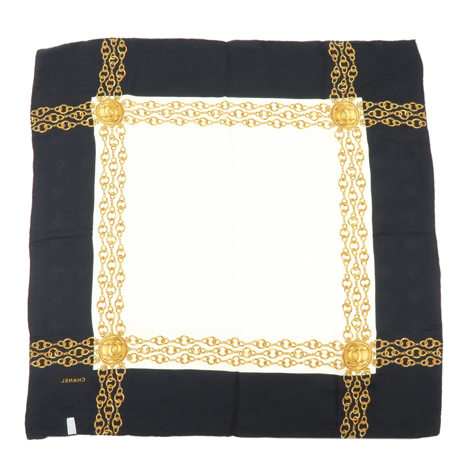 CHANEL Silk 100% Scarf Gold Chain Motif Black White