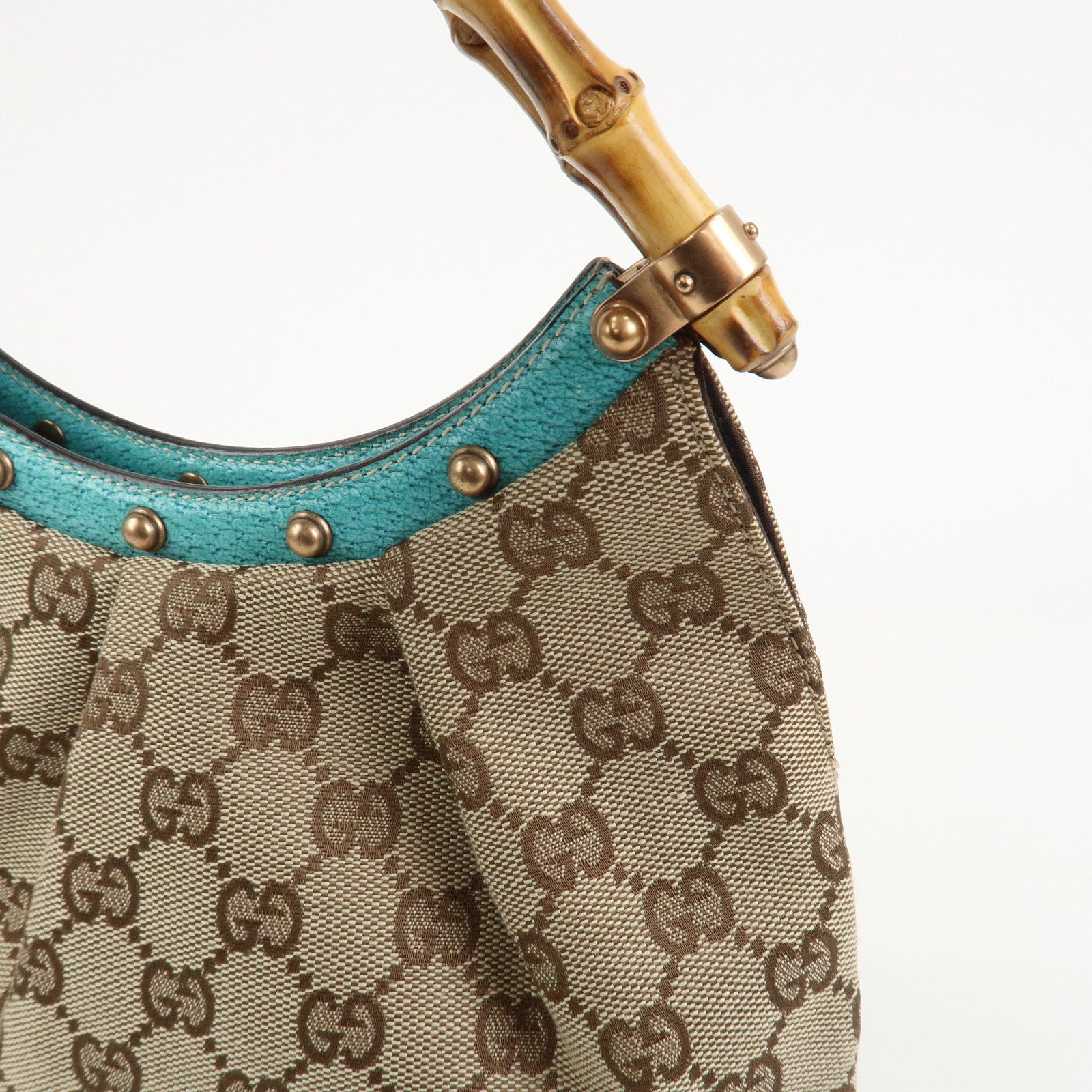 GUCCI Bamboo GG Canvas Leather Hand Bag Brown Light Blue 124297