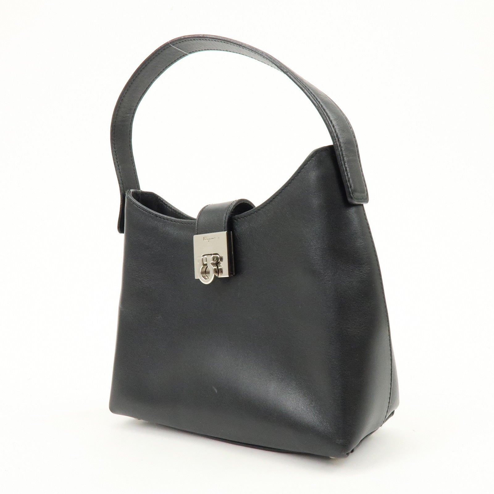 Ferragamo Gancini Leather Hobo Hand Bag Black