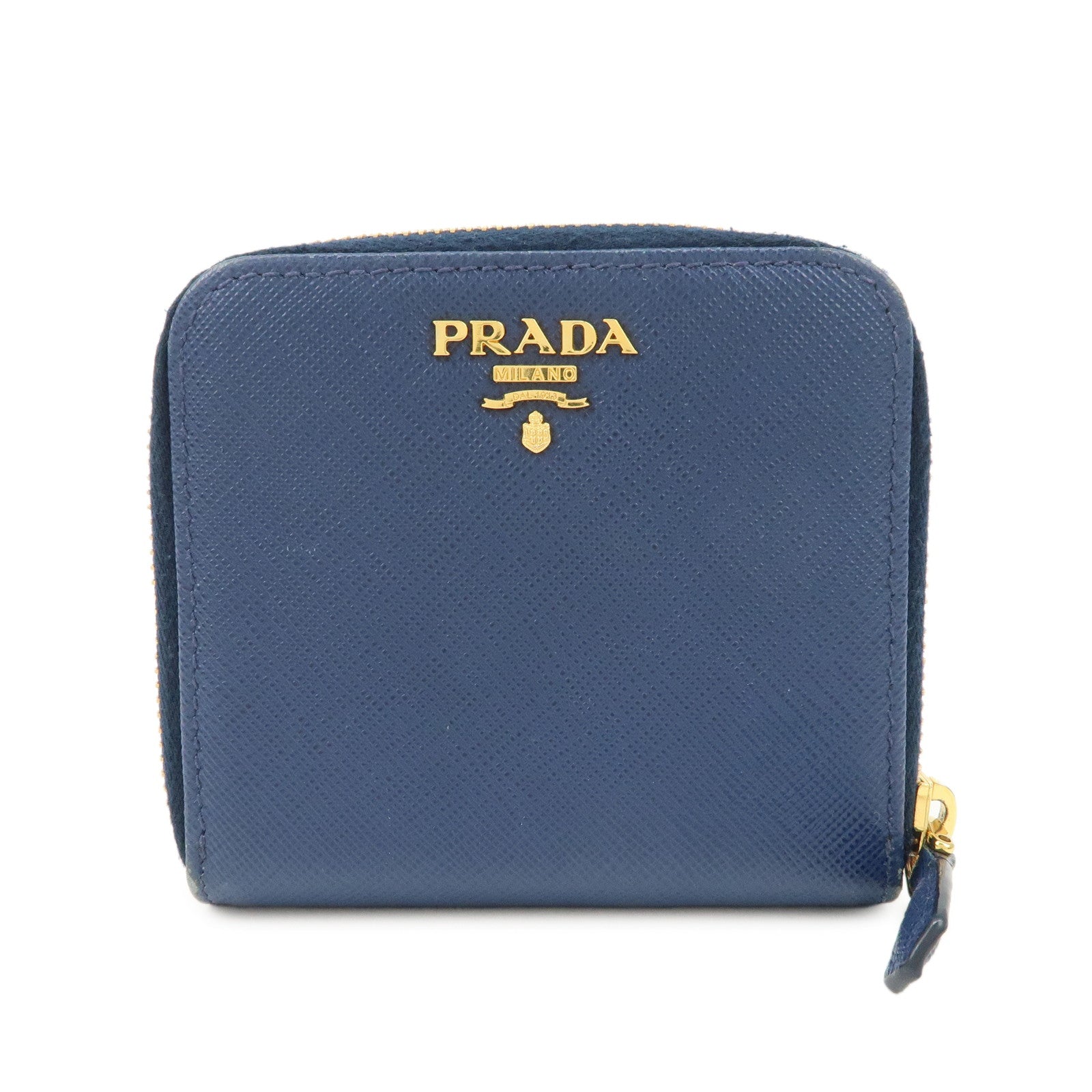 PRADA Logo Leather Round Zippy Bi-fold Wallet Blue 1ML522 Used