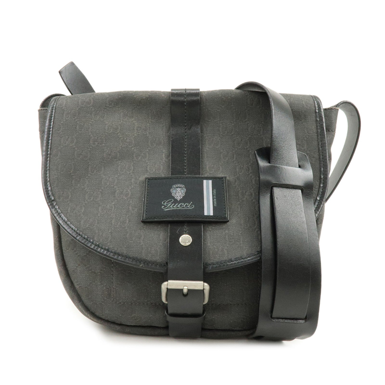 GUCCI Crest GG Canvas Leather Shoulder Bag Grey Black 223680