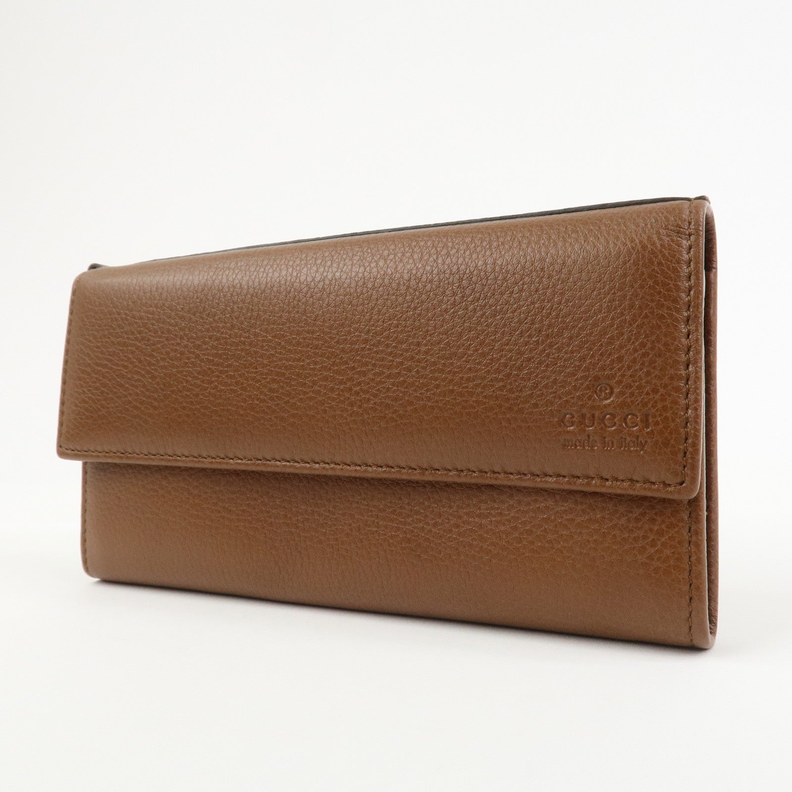 GUCCI Logo Leather Flap Long Wallet Brown 323396