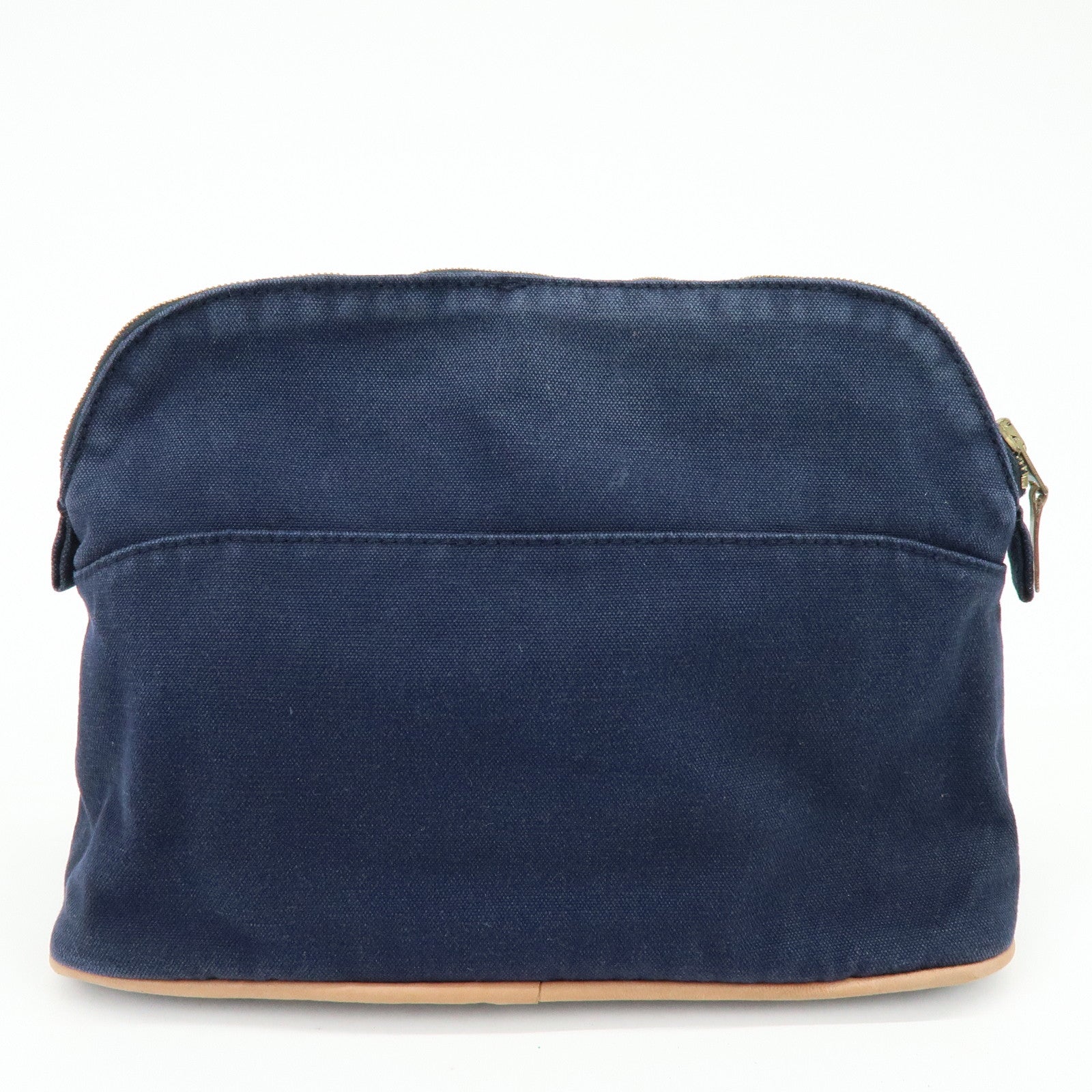 HERMES Bolide Set of 2 Cotton Leather Pouch Cosmetic Case Navy Pink