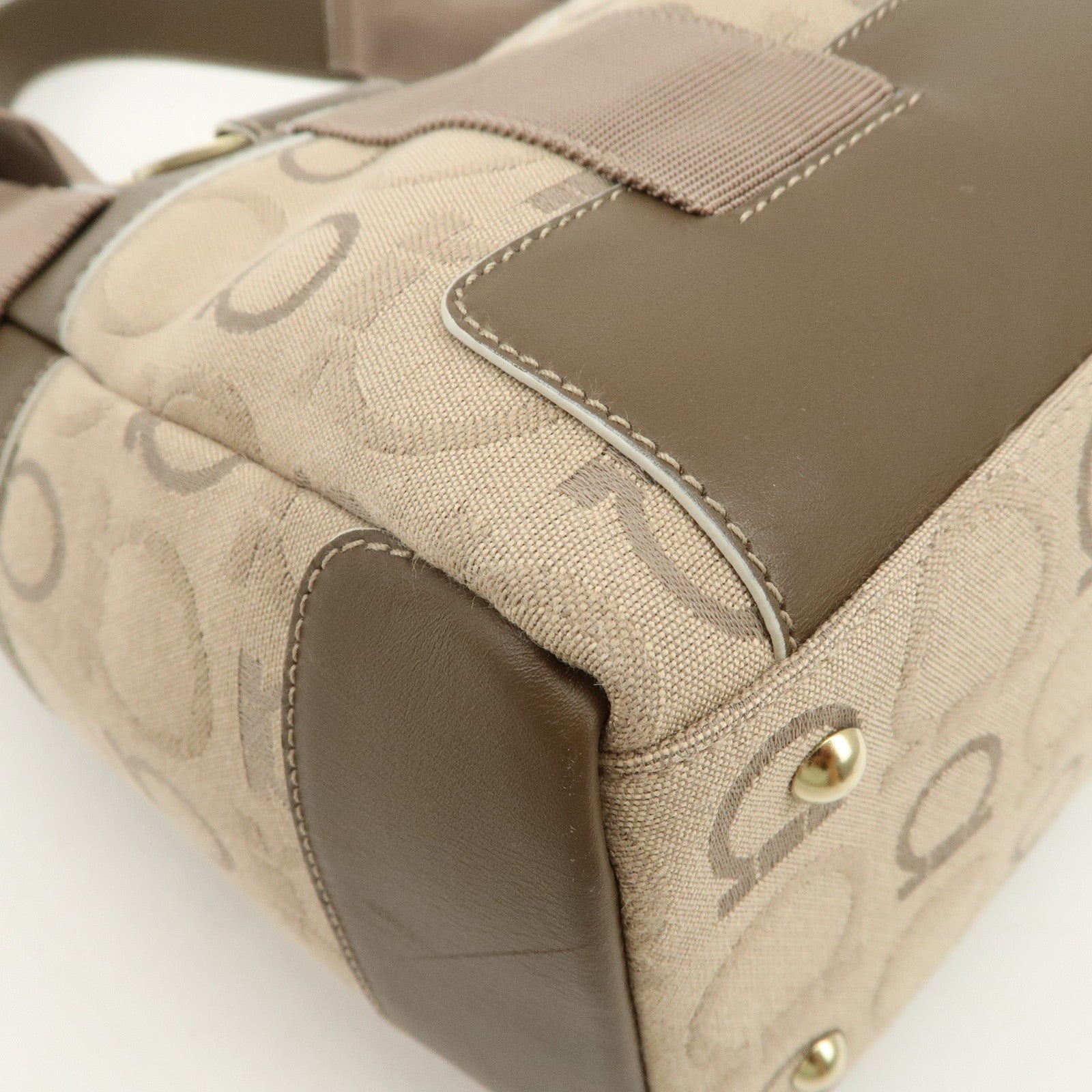 Ferragamo Gancini Canvas Leather Tote Bag Shoulder Bag Beige Brown