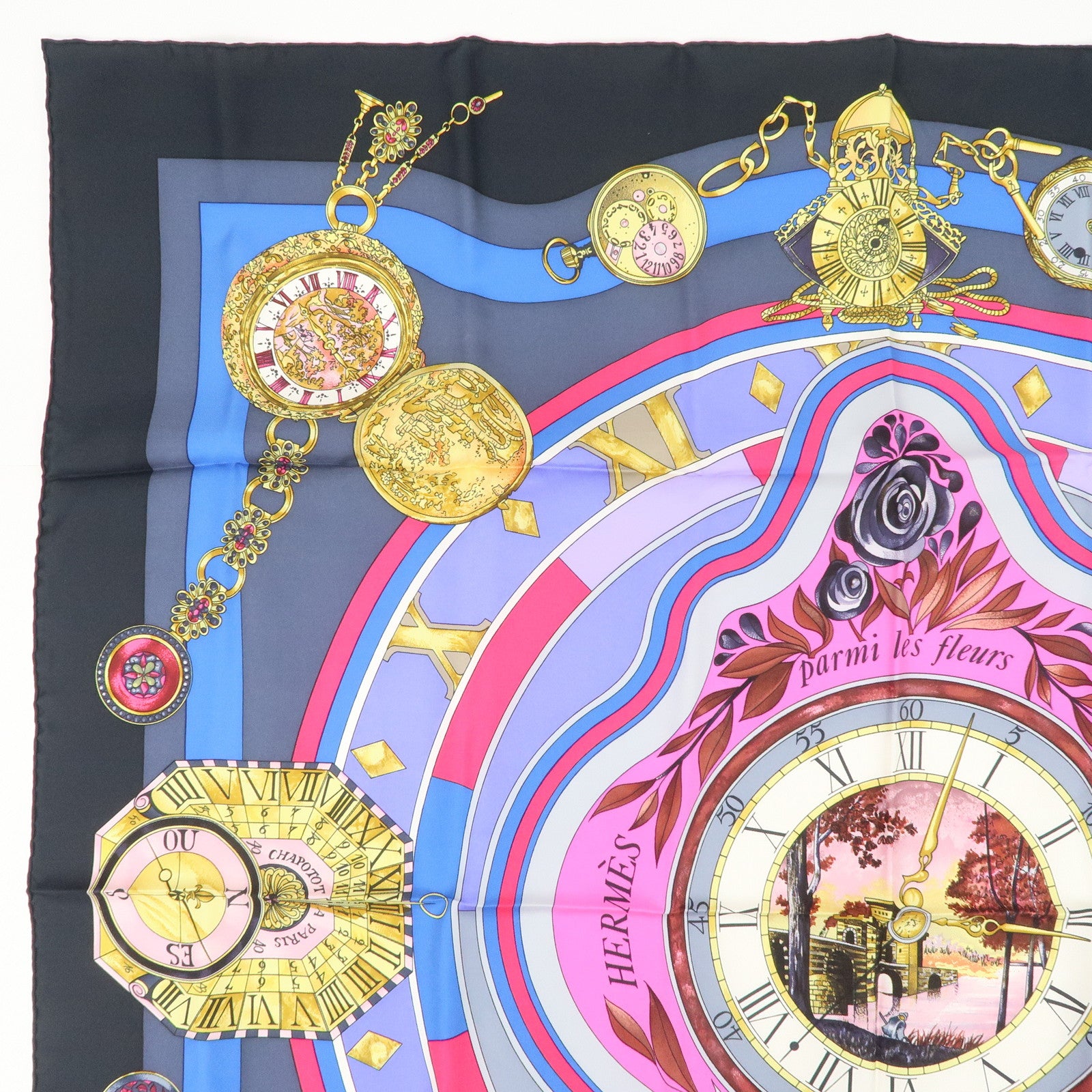 HERMES Carre 90 Silk 100% Scarf Parmi les fleurs je compte les heures Black