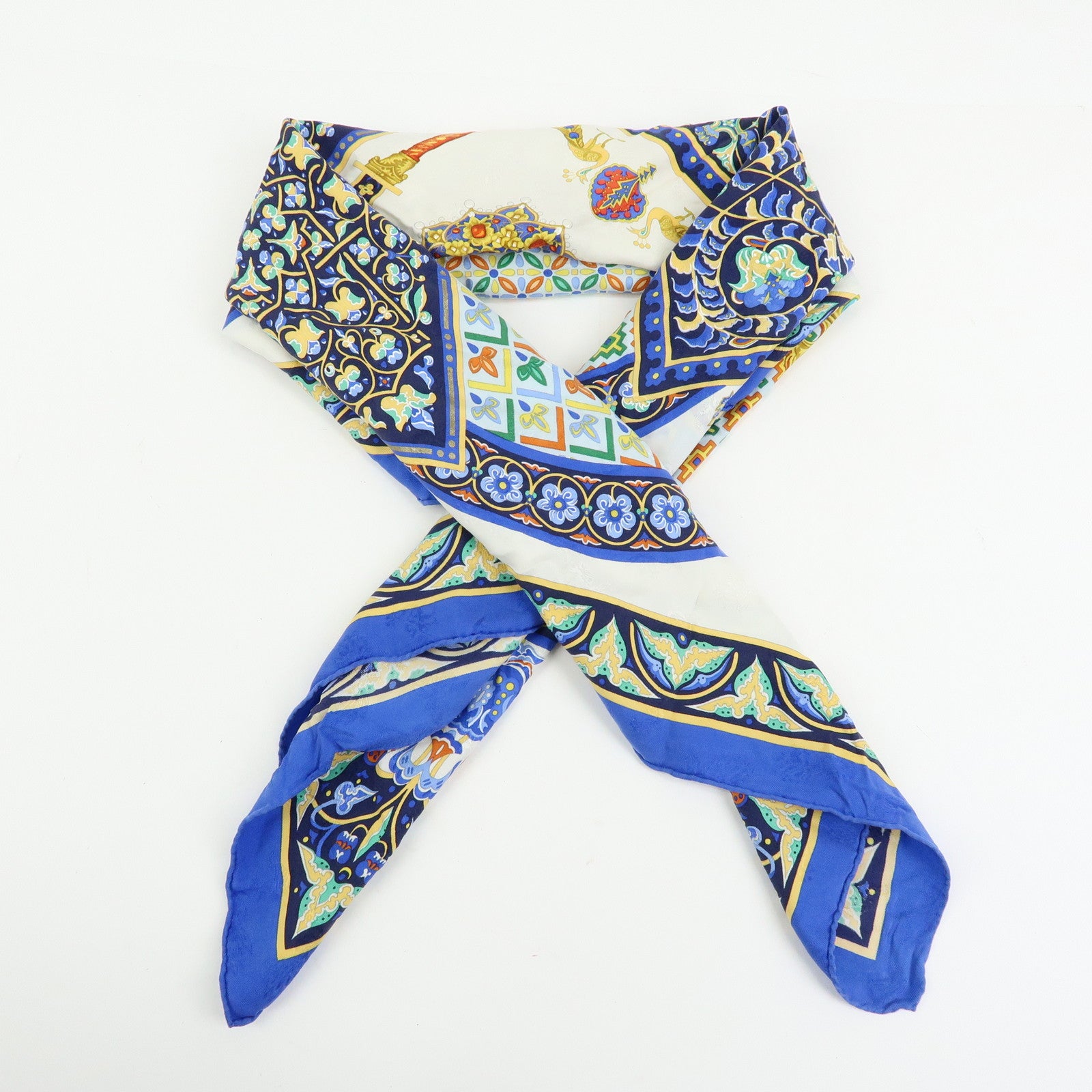 HERMES Carre 90 Silk 100% CIELS BYZANTINS Scarf Blue Gold