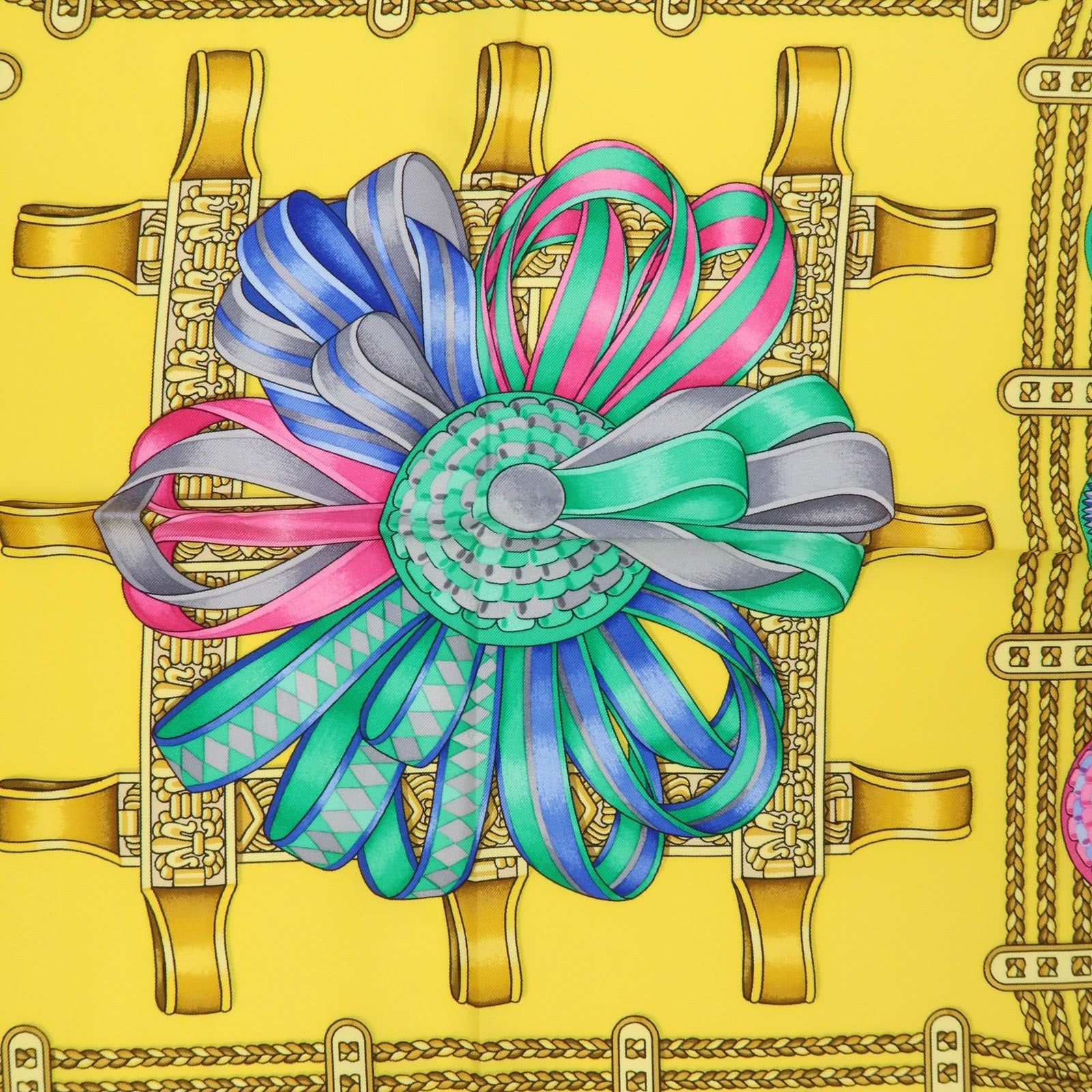 Hermes Carre 90 Silk 100% Scarf LES RUBANS DU CHEVAL Yellow