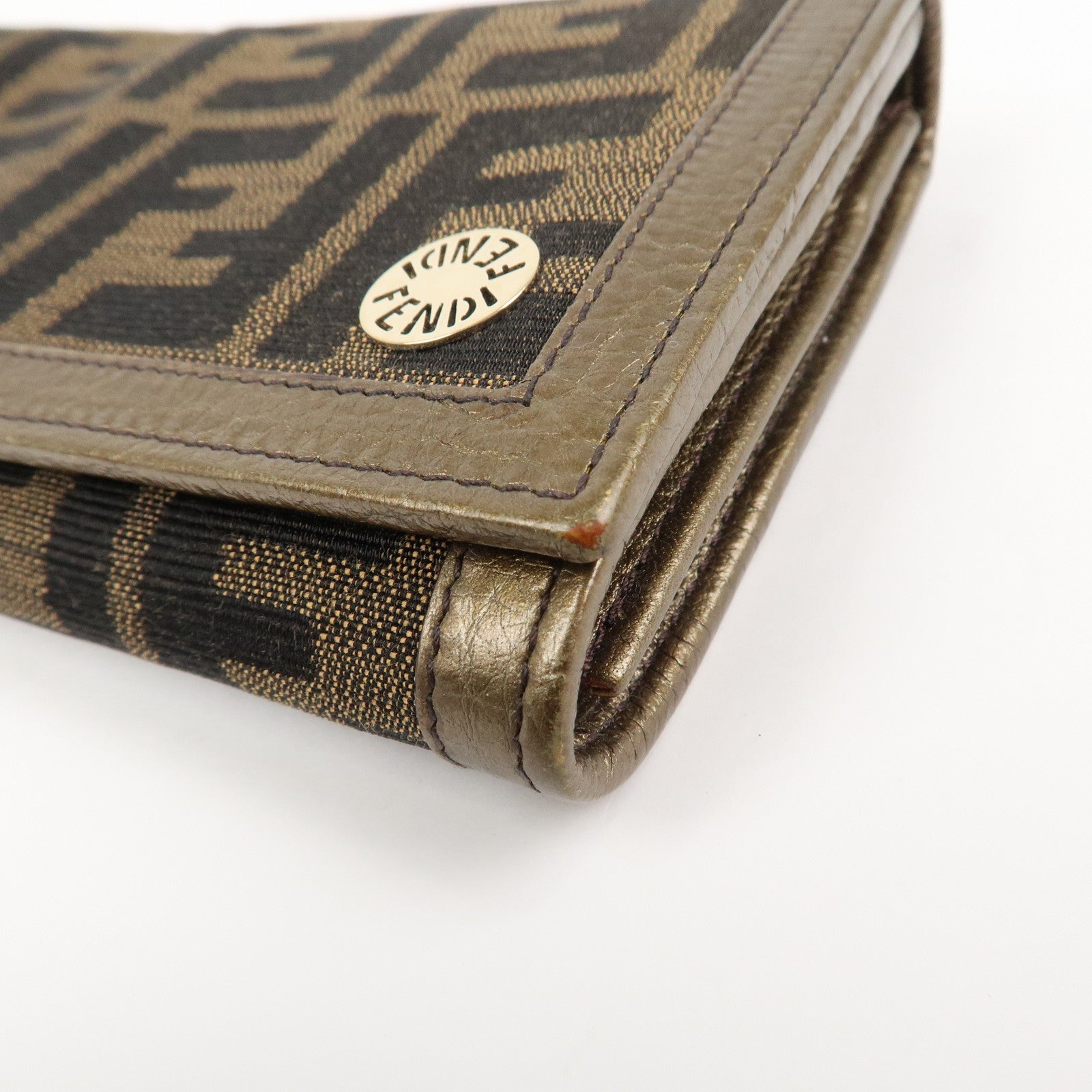 FENDI Zucca Canvas Leather Bi-fold Long Wallet Brown Gold 8M0000