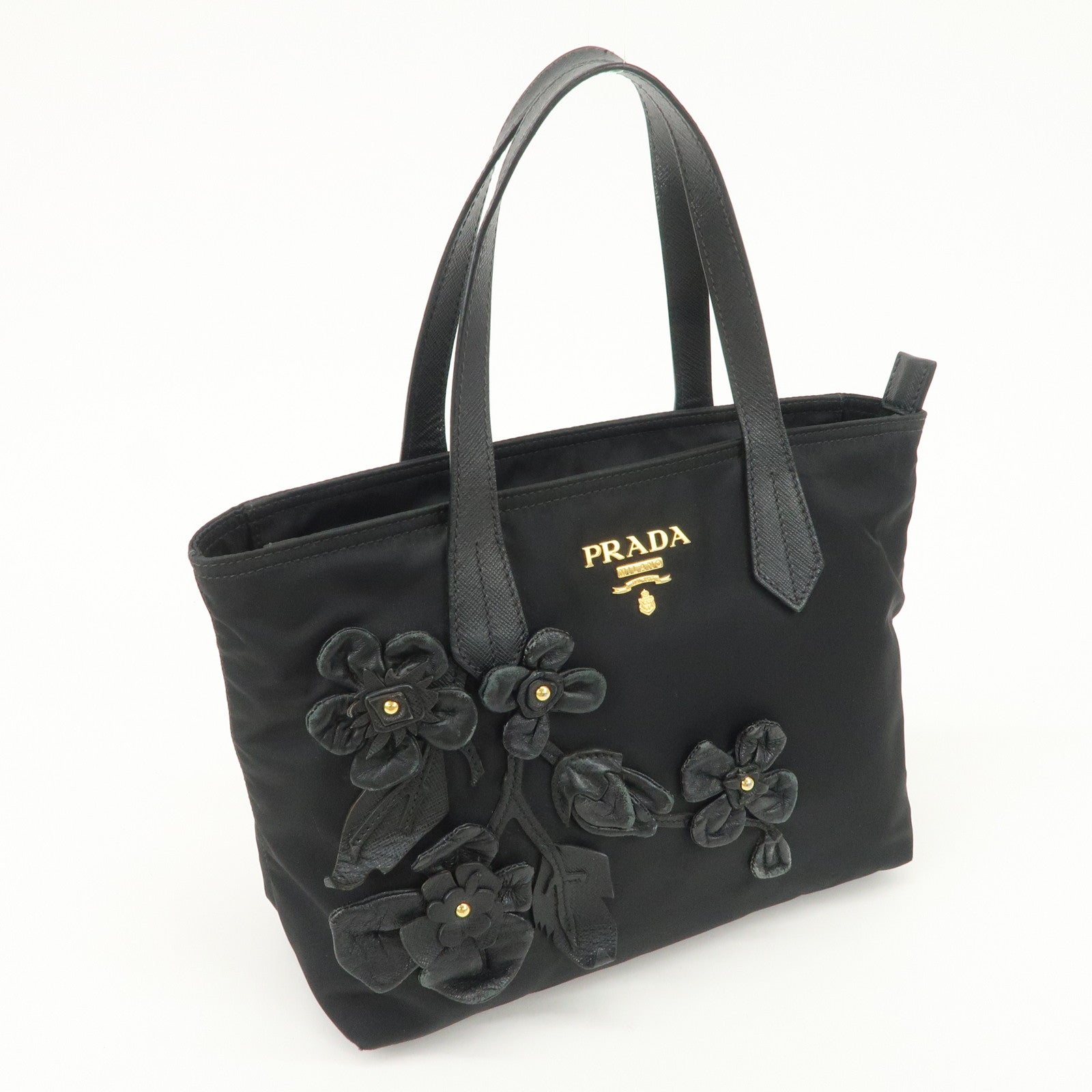PRADA Nylon Leather Hand Bag Black Gold Hardware 1BA084