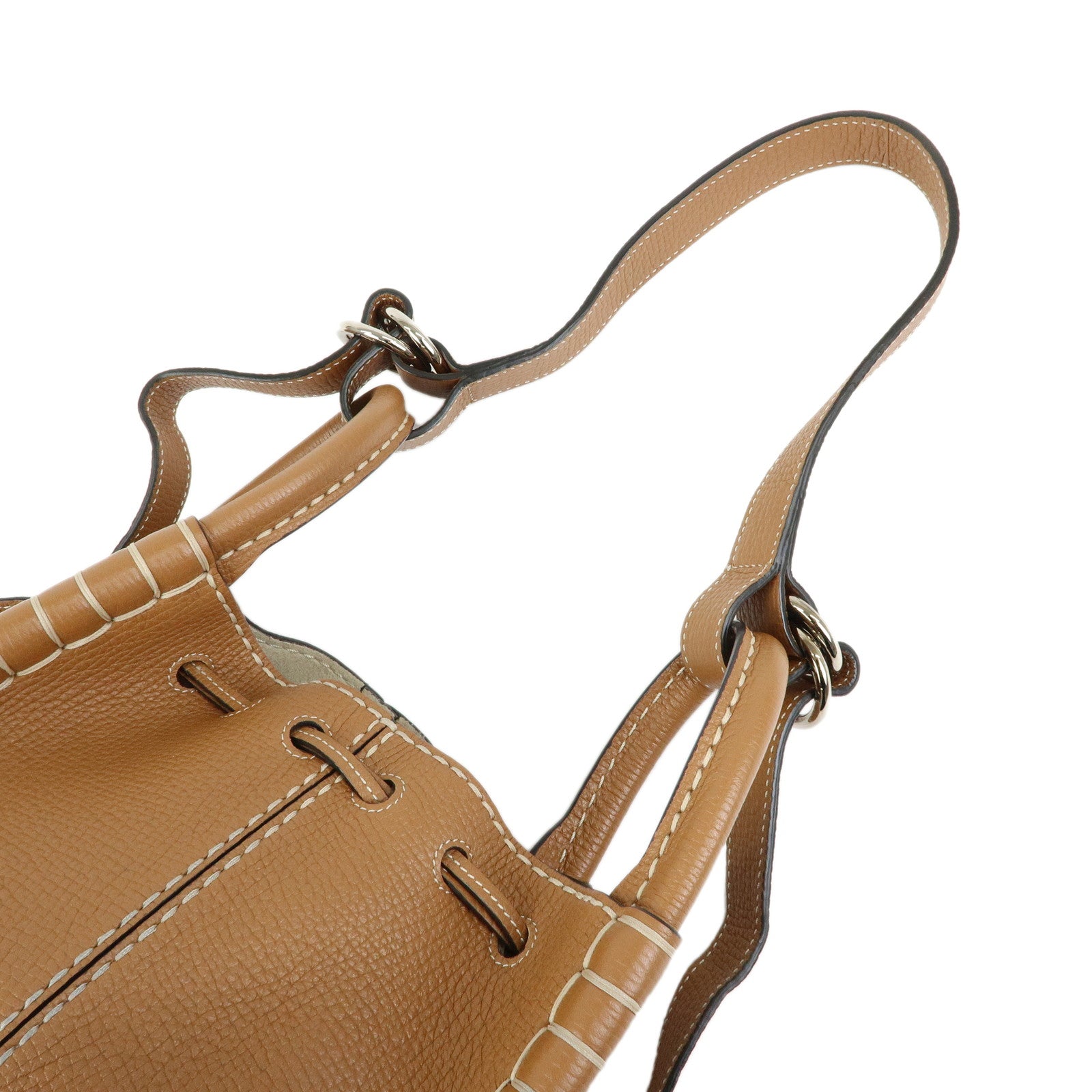 TOD'S T Timeless Leather 2Way Drawstring Bag Hand Bag Light Brown