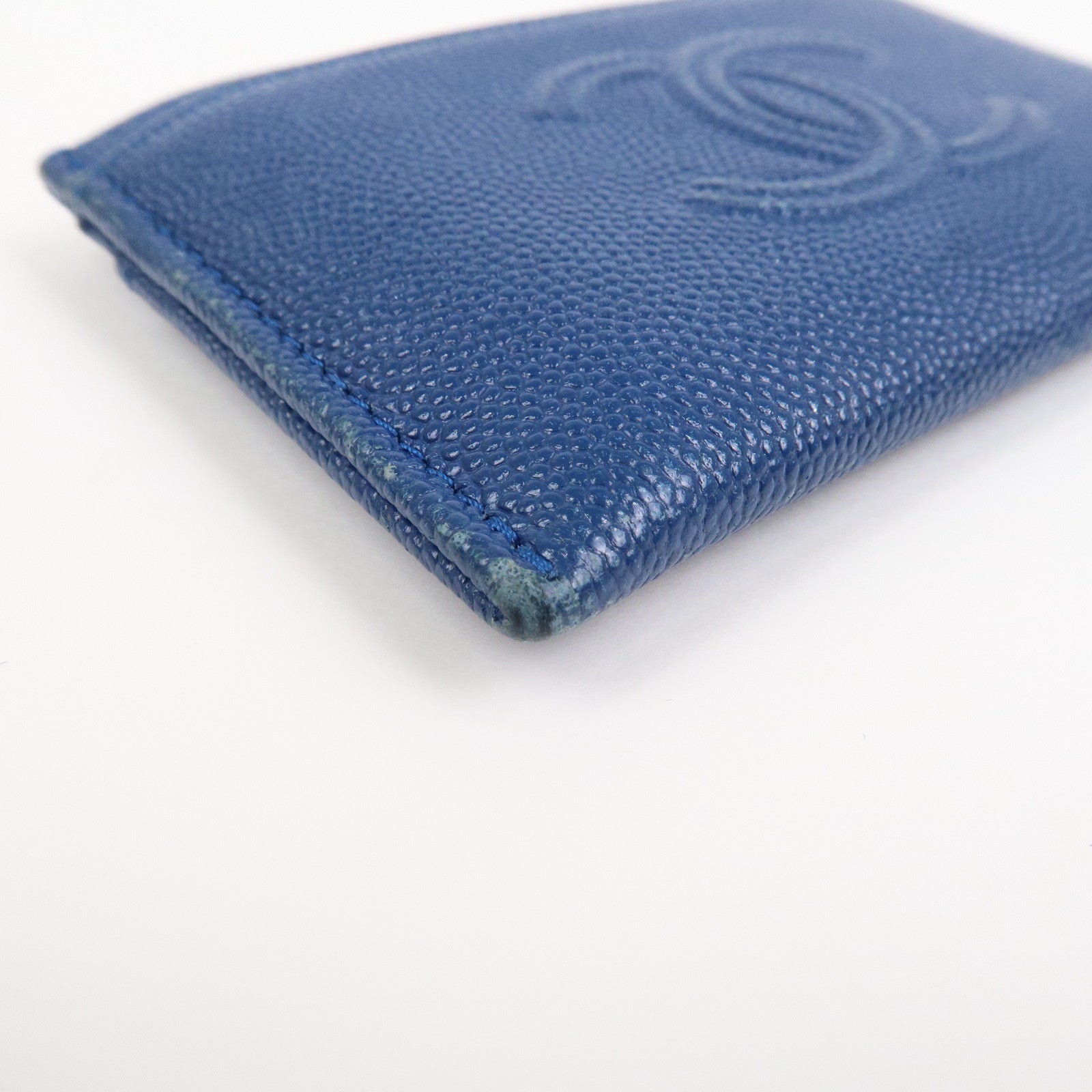 CHANEL Logo Caviarskin Leather Card Case Card Holder Blue