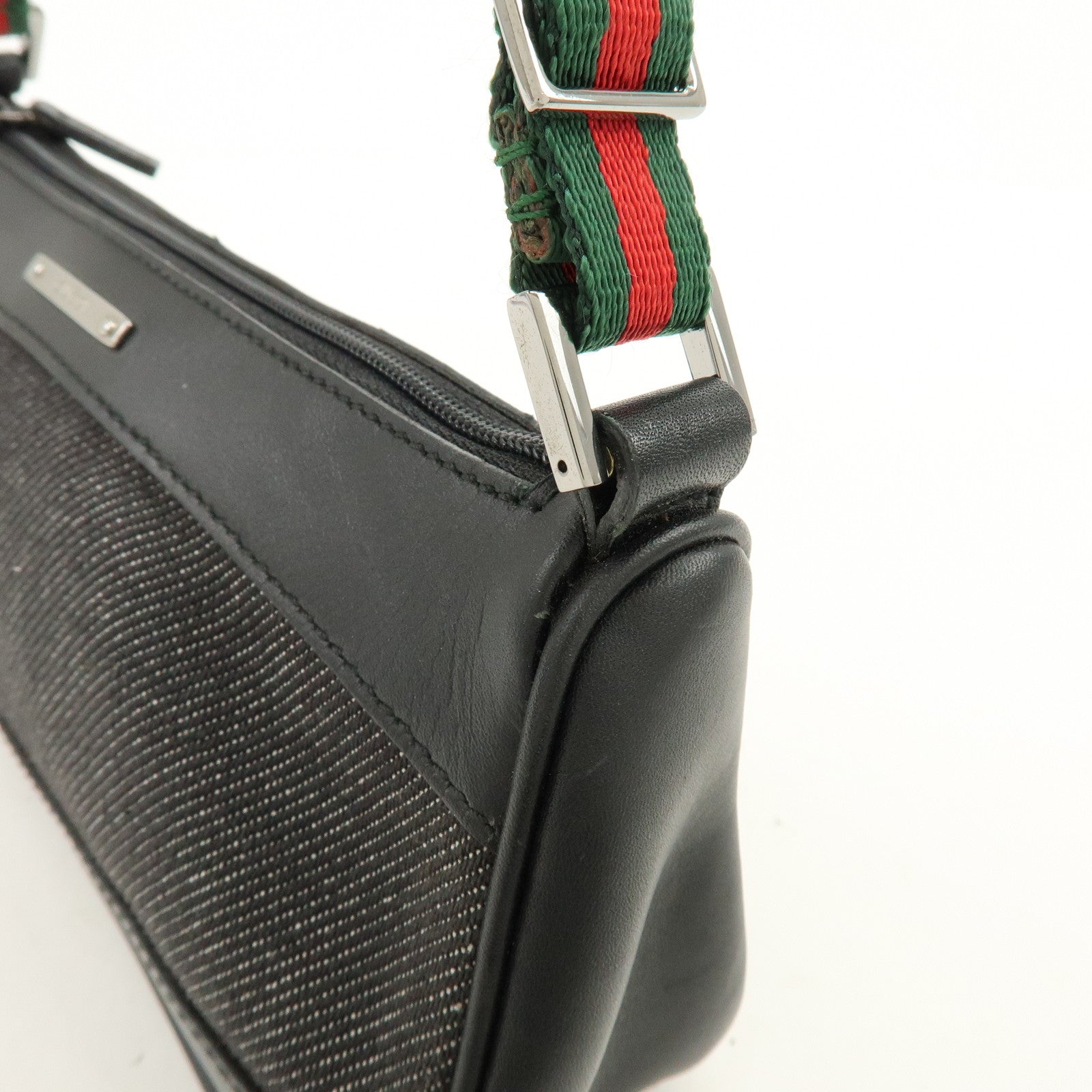 GUCCI Sherry Denim Leather Accessory Pouch Hand Bag Black 92820