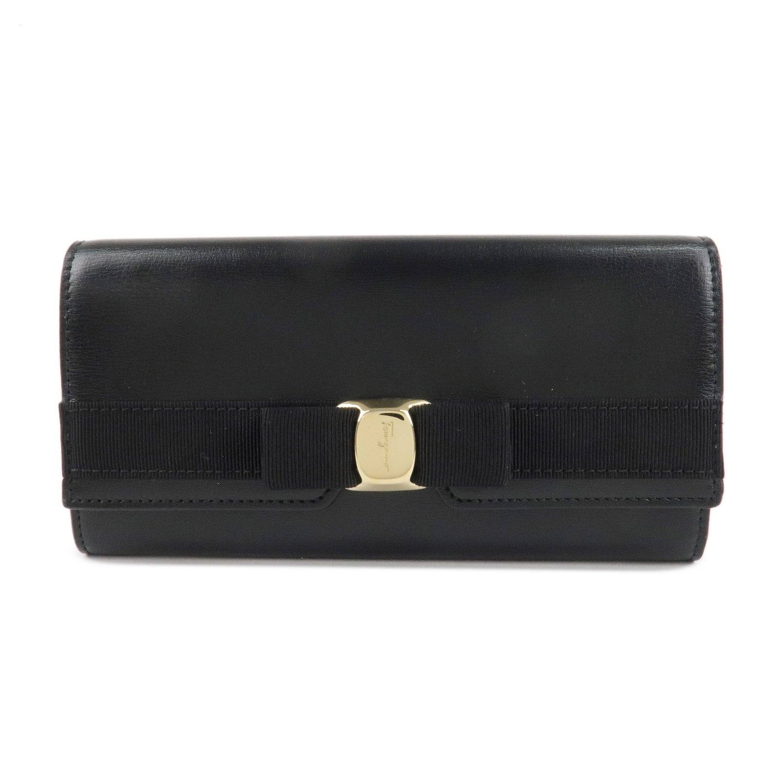 Ferragamo Vara Ribbon Leather Bifold Wallet Black Gold HDW Used