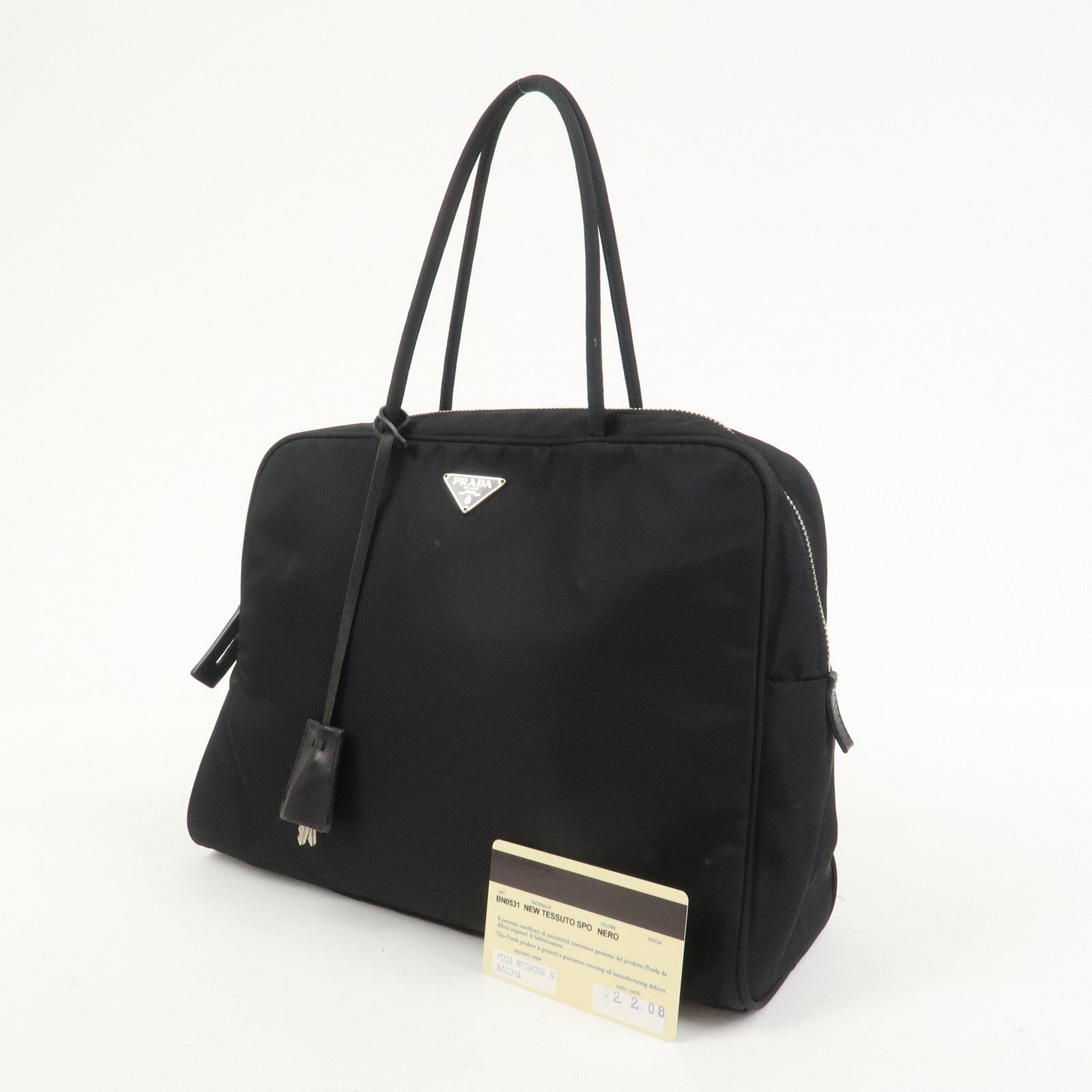PRADA Triangle Logo Nylon Leather Hand Bag Black BN0531