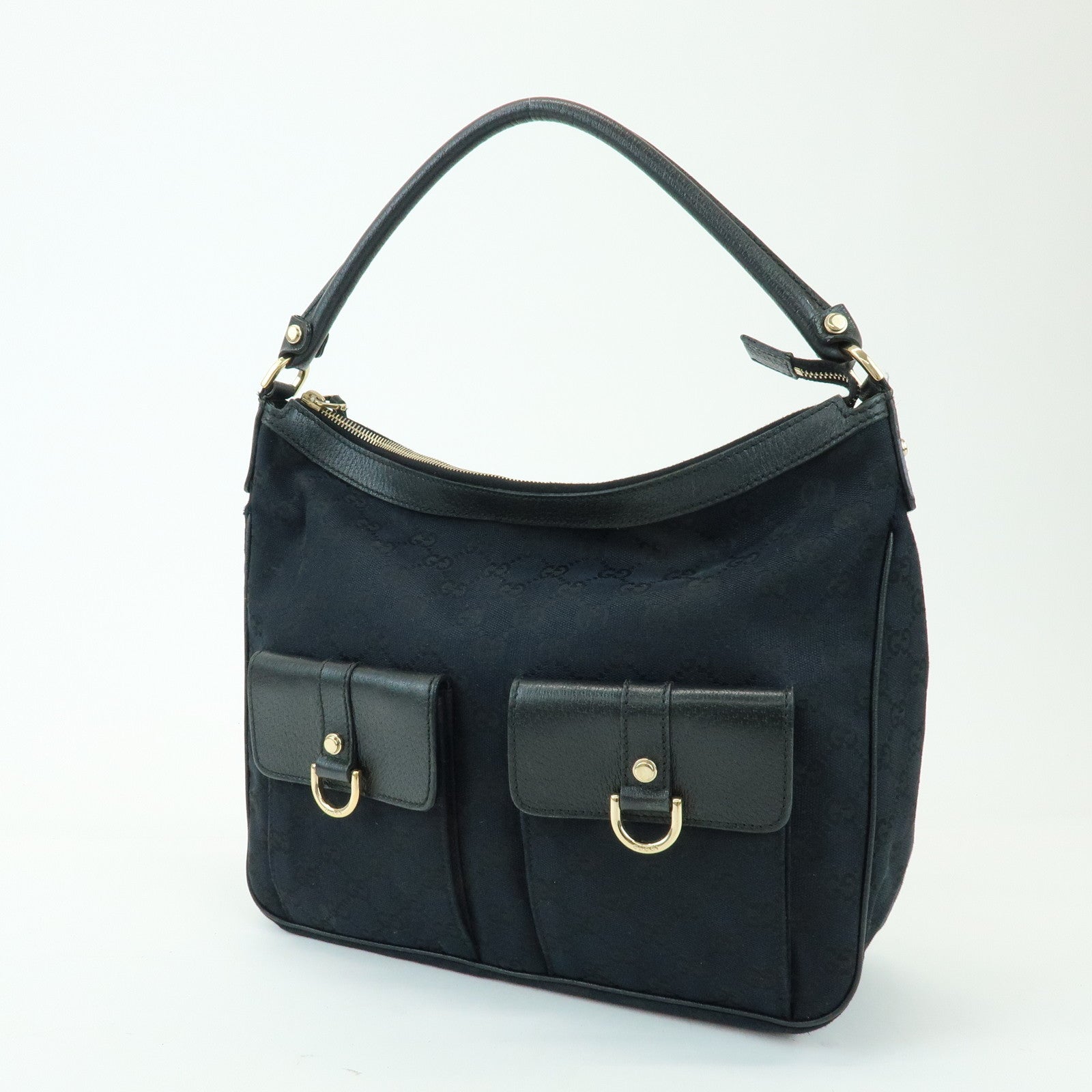 GUCCI GG Canvas Leather Front Pocket Shoulder Hand Bag Black 153025