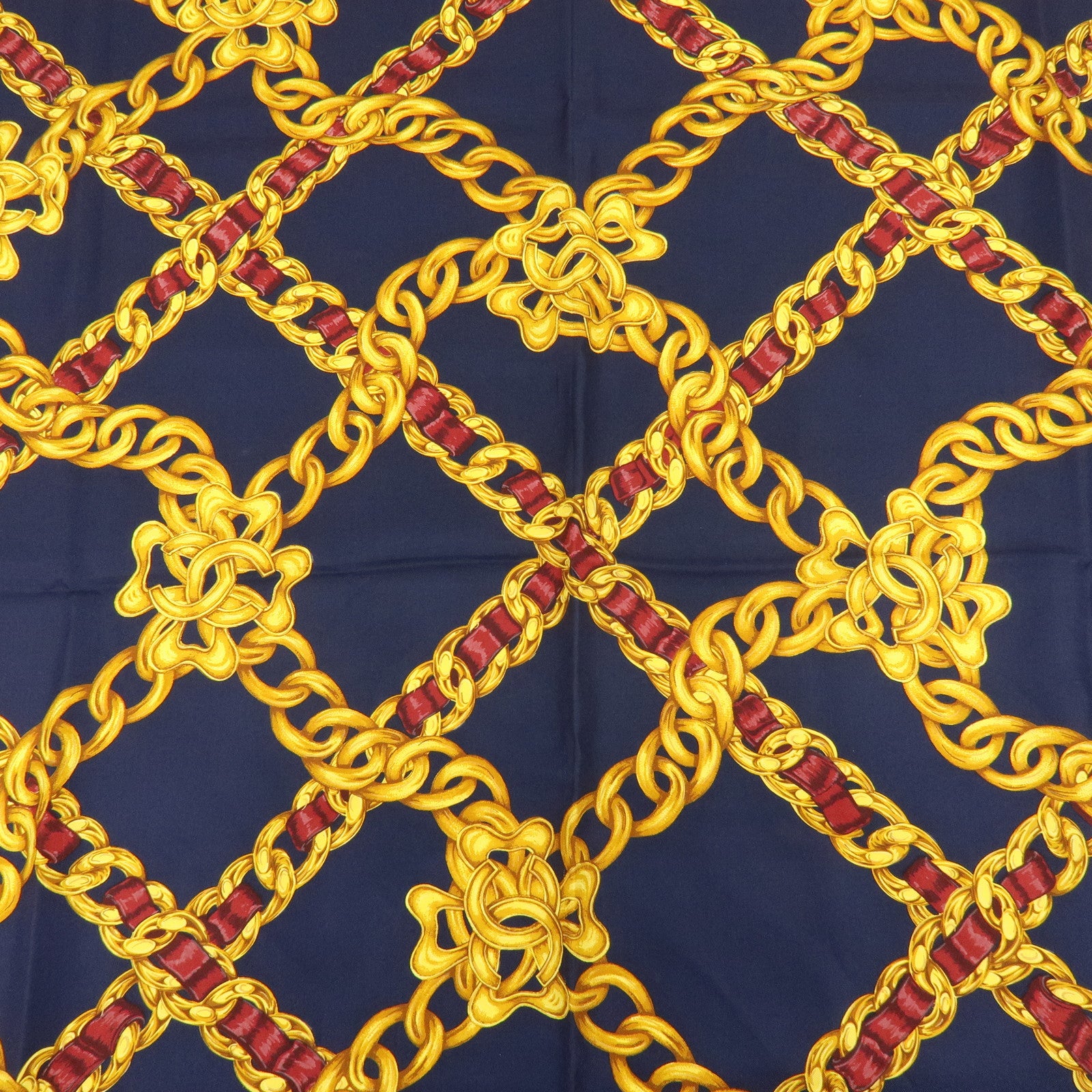 CHANEL Silk 100% Scarf COCO Mark Chain Motif Navy Gold