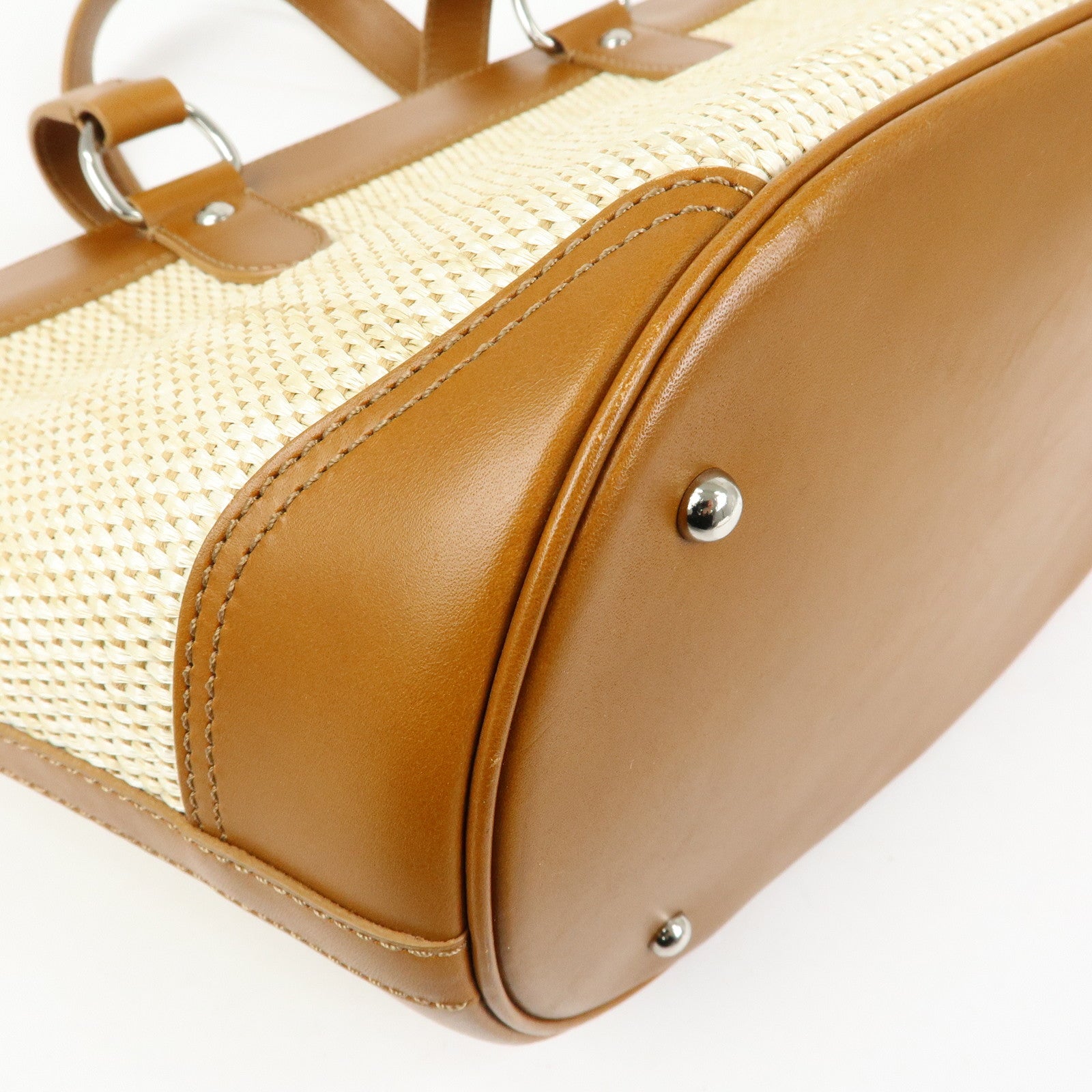 BURBERRY Straw Canvas Leather Tote Bag Shoulder Bag Natural Brown