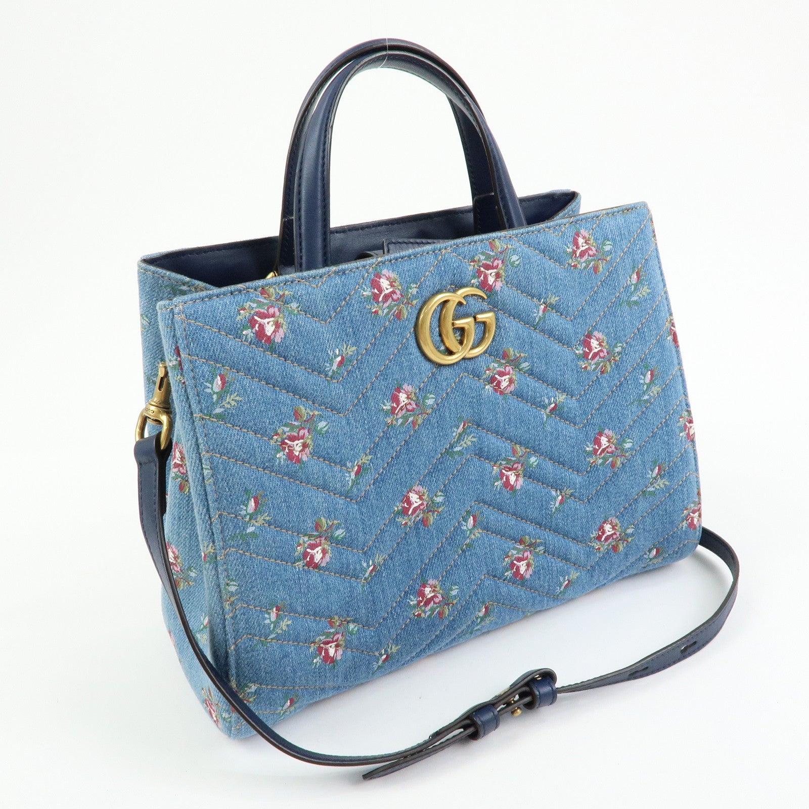 GUCCI GG Marmont Denim Leather 2Way Bag Flower Motif Navy 448054