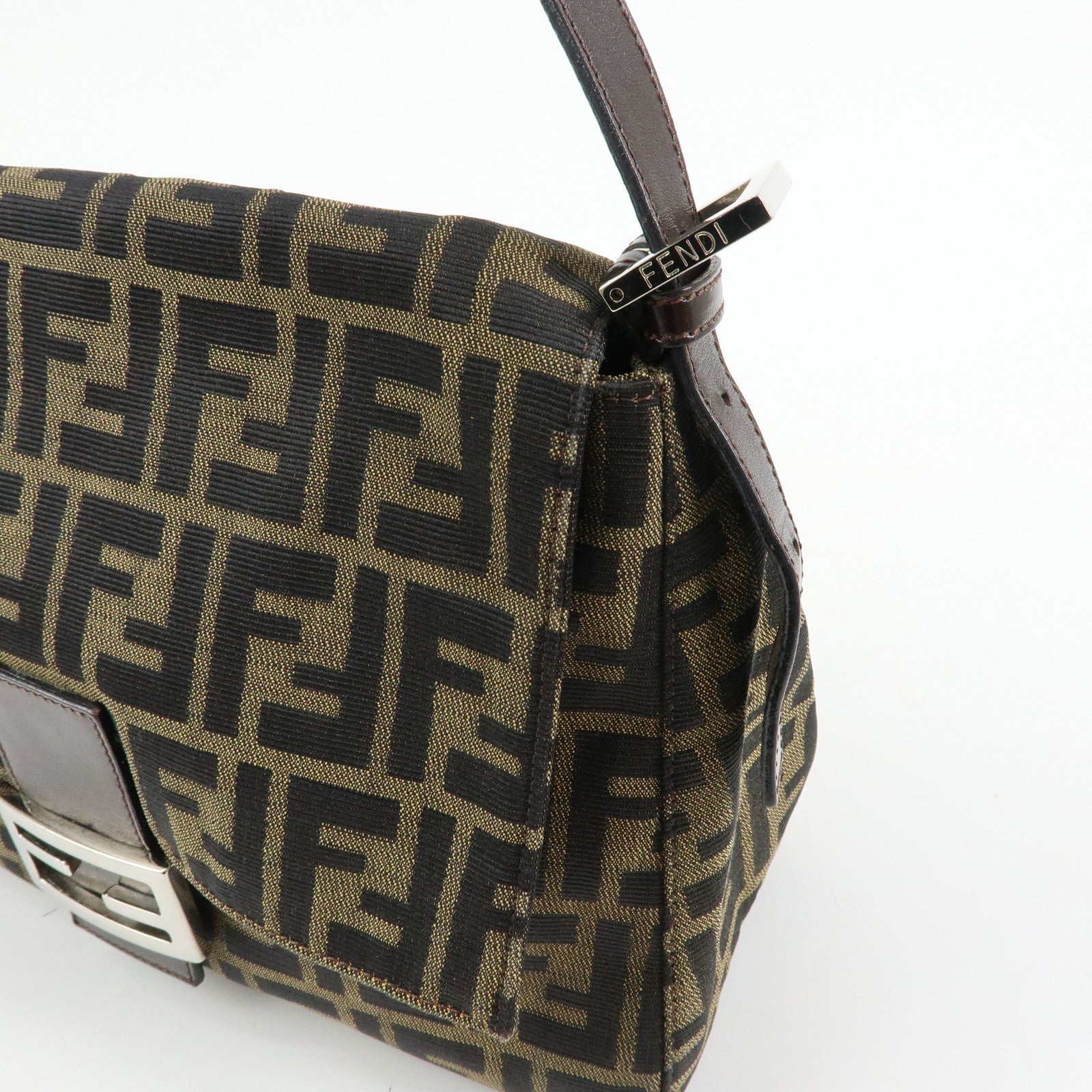 FENDI Mamma Baguette Zucca Canvas Leather Shoulder Bag Brown 26325