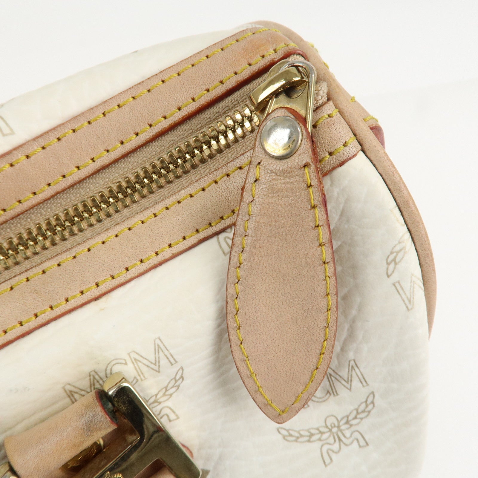 MCM Visetos Leather Boston Bag Hand Bag Beige White Used