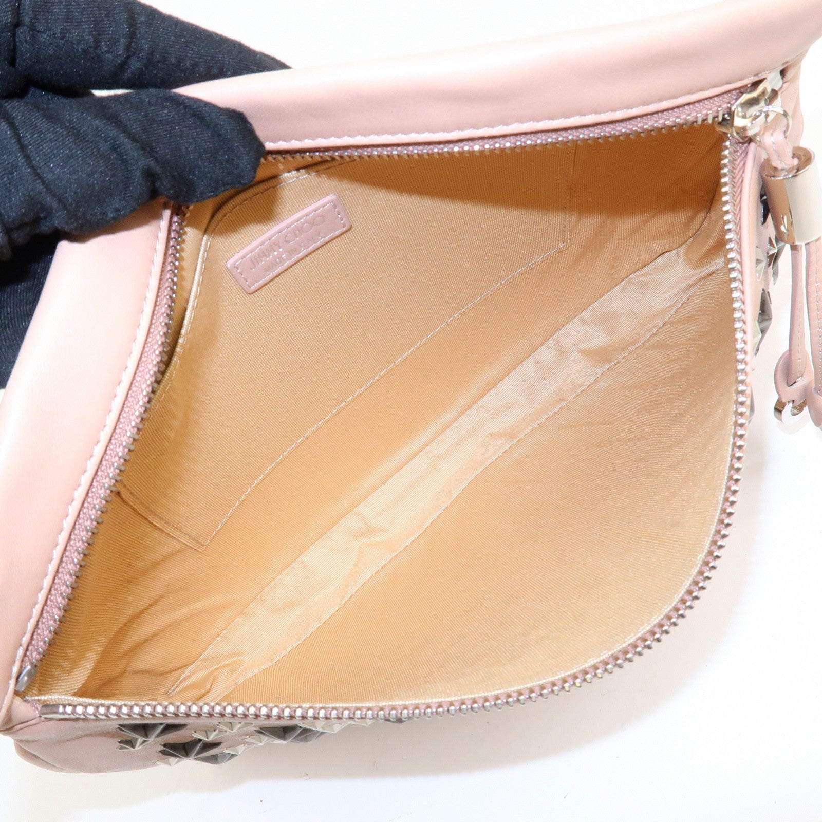 JIMMY CHOO Studs Leather Clutch Bag Hand Bag Pink Beige