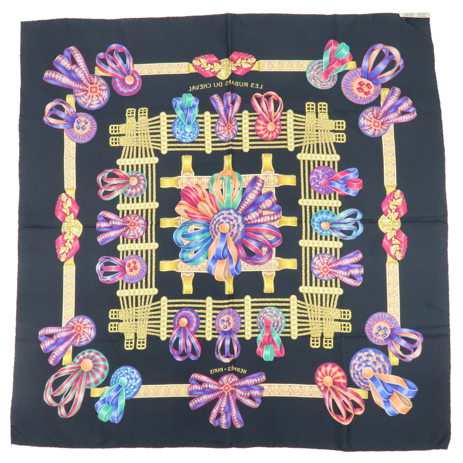 HERMES Carre 90 Silk 100% Scarf LES RUBANS DU CHEVAL Black Gold