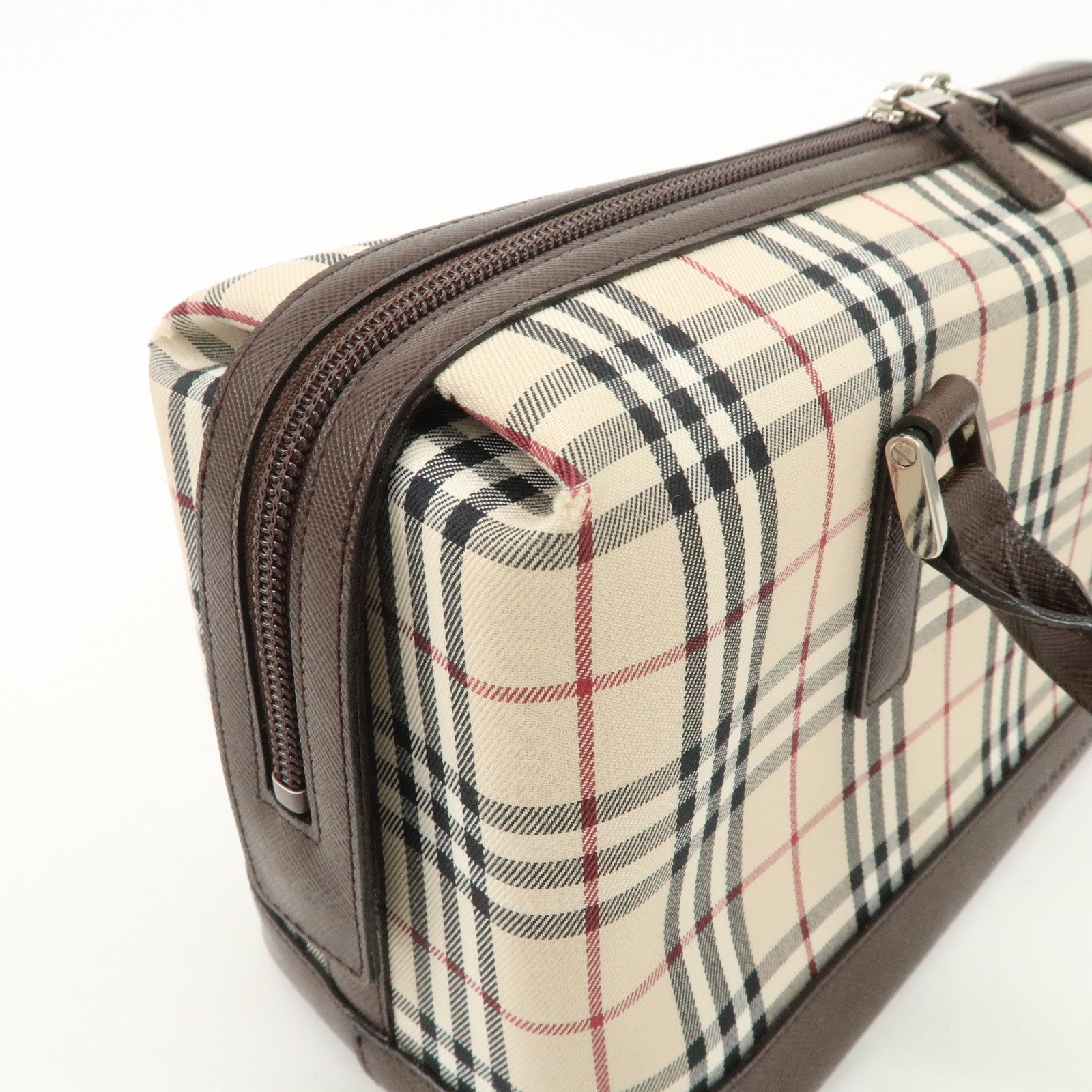 BURBERRY Leather Canvas Boston Bag Hand Bag Nova Plaid Brown Used