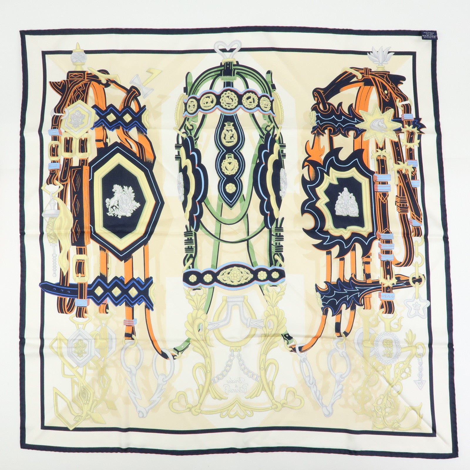 HERMES Carre 90 Silk 100% Scarf BRIDES ET DESTIN Beige Black Gold