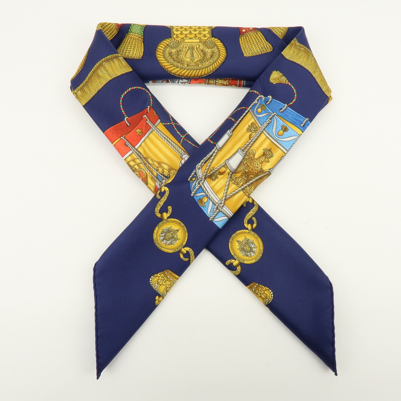 HERMES Carre 90 Silk 100% Scarf  LES TAMBOURS Navy Gold