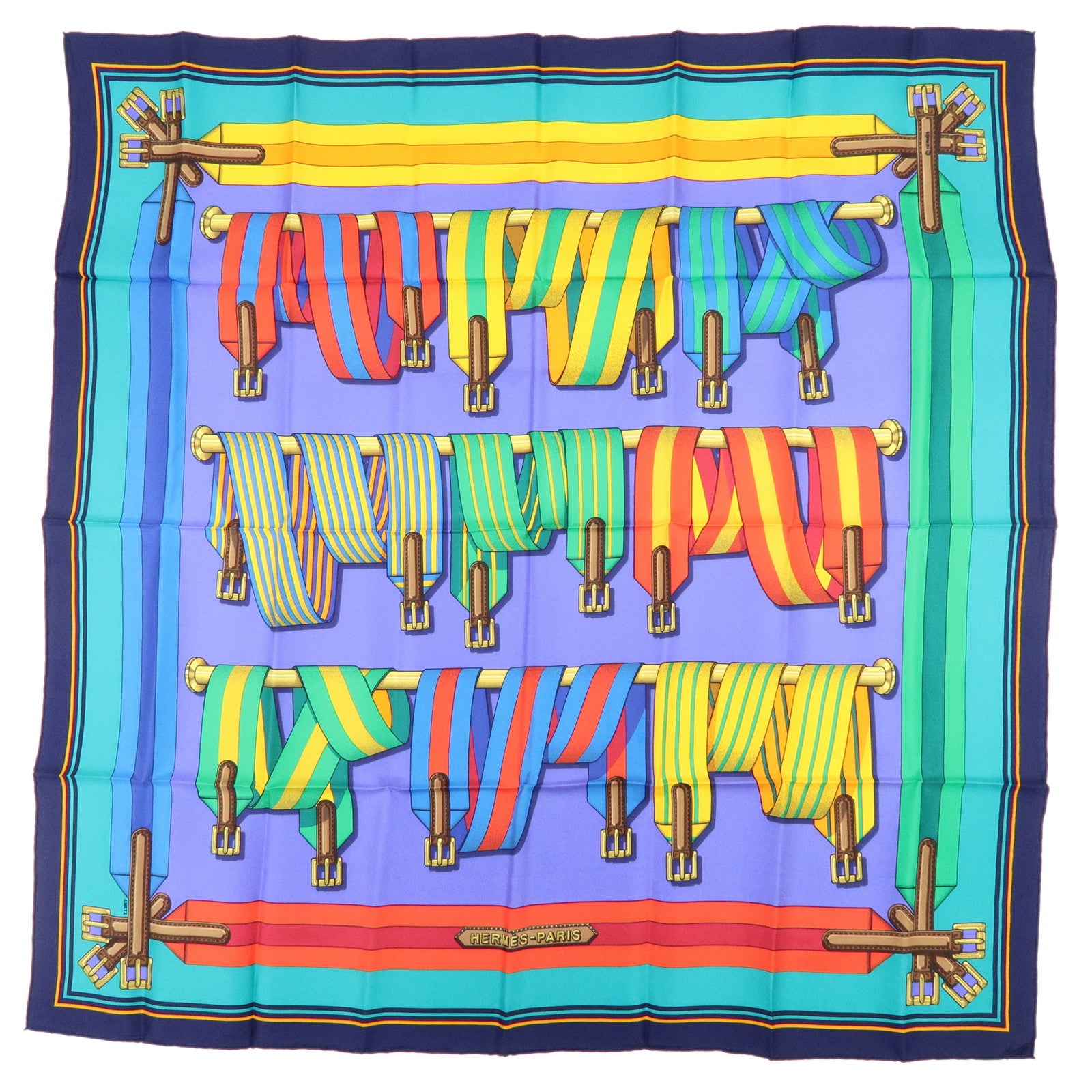 HERMES Carre 90 Silk 100% Scarf J.METZ Les Sangles Purple