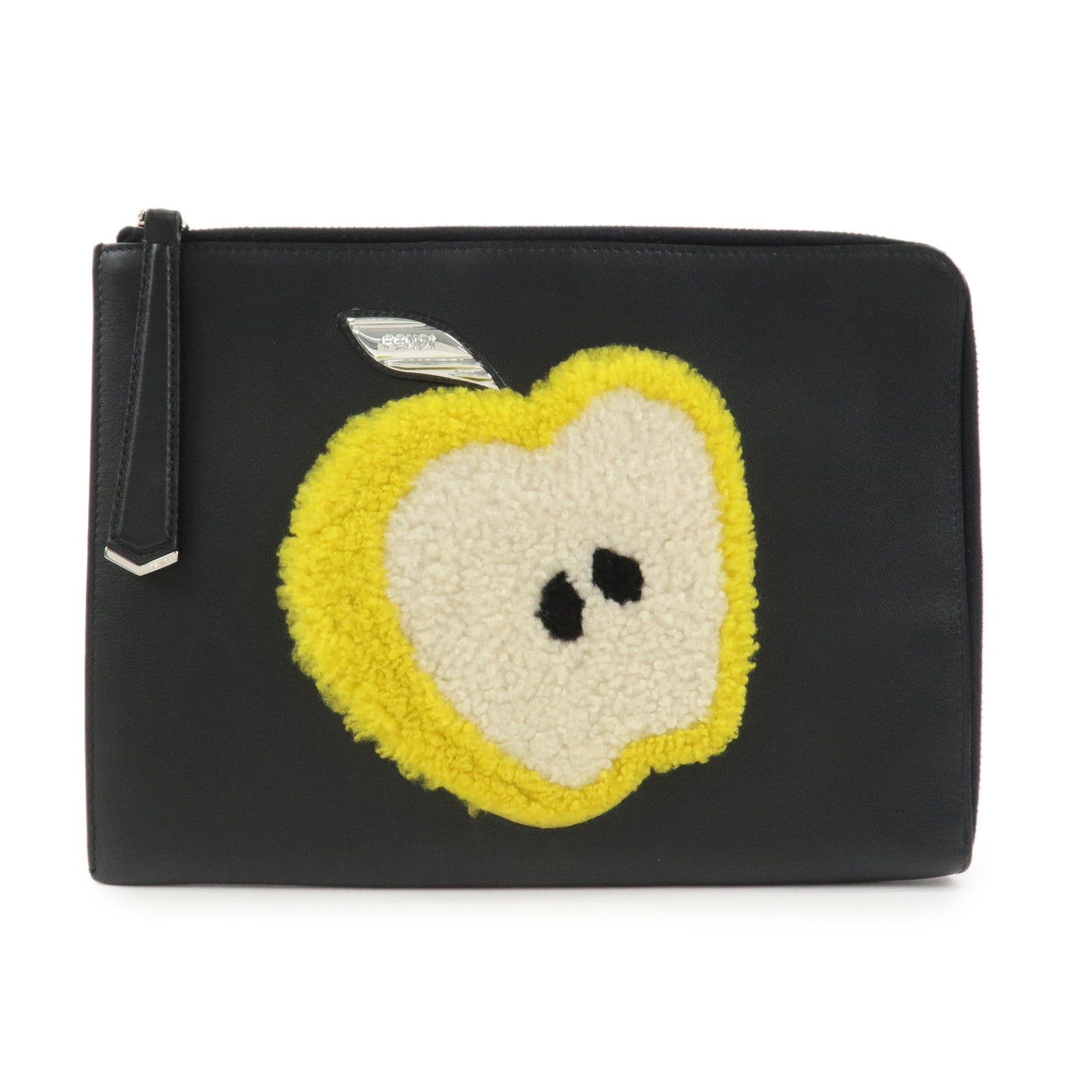 FENDI Leather Wool Apple Motif Clutch Bag Pouch Black 8M0363
