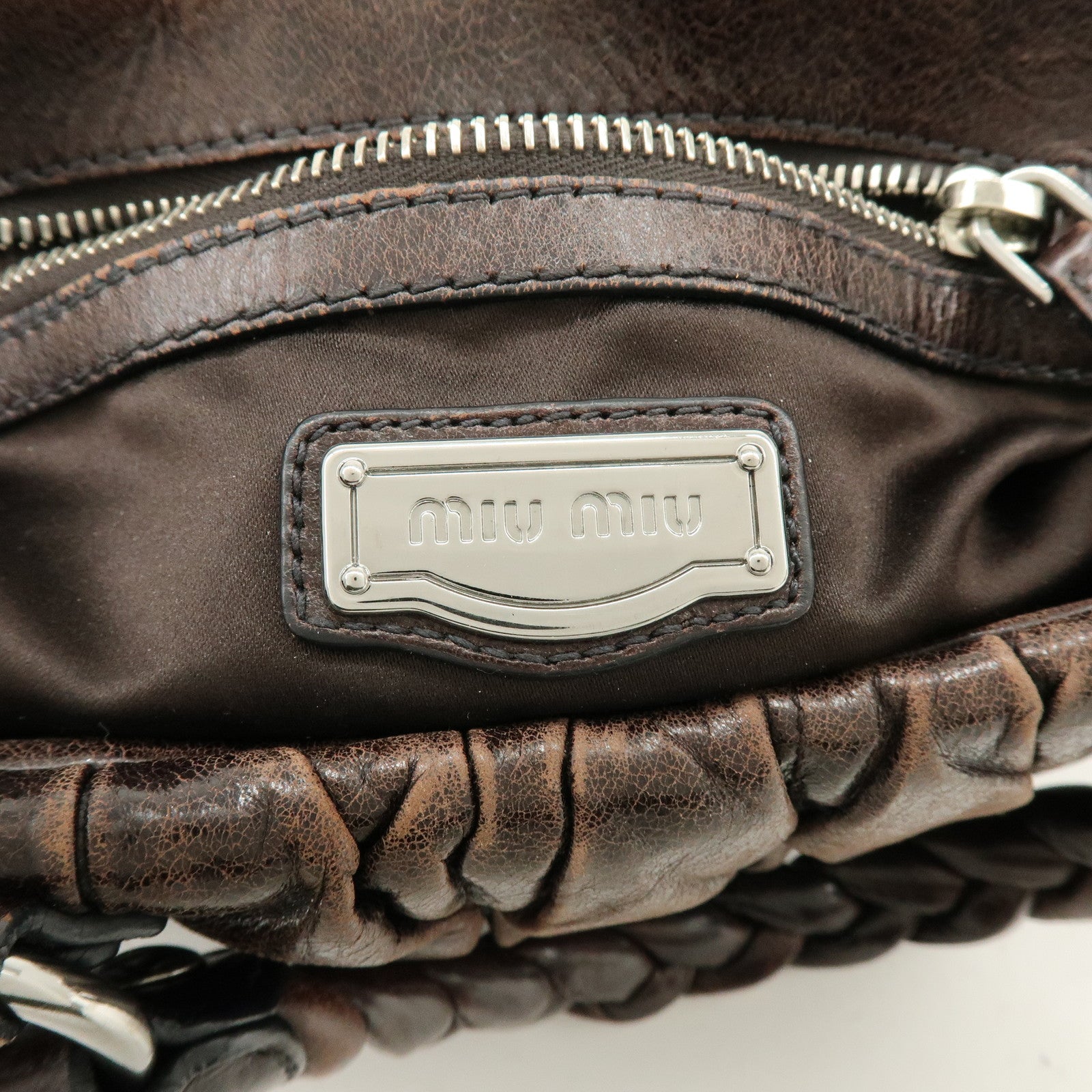 MIU MIU Matelasse Leather 2Way Bag Hand Bag Shoulder Bag Dark Brown