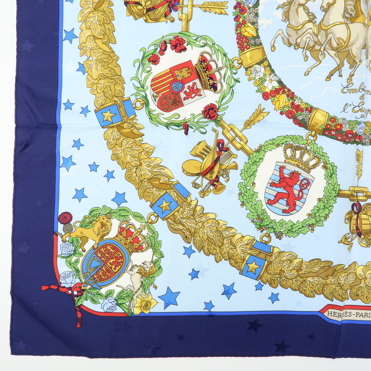 HERMES Carre 90 Silk 100% Scarf Emblemes de L’Europe Light Blue