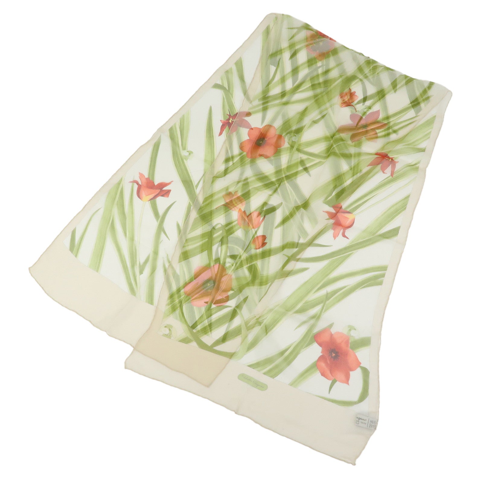 Ferragamo Silk 100% Scarf Flower Motif Ocha-Ken Beige Green Red