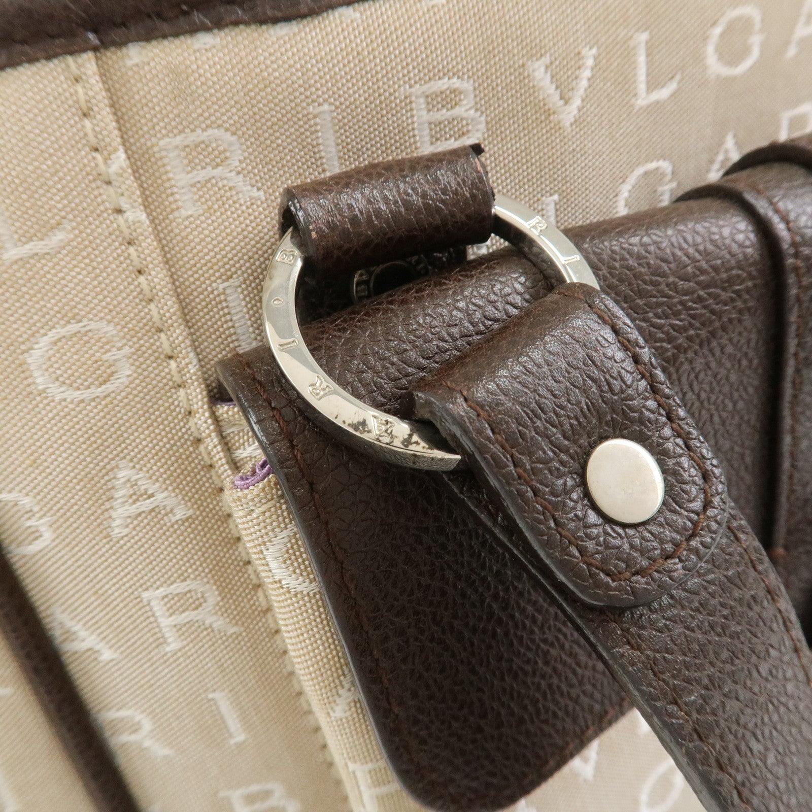 BVLGARI Logo Mania Canvas Leather Tote Bag Hand Bag Beige Brown