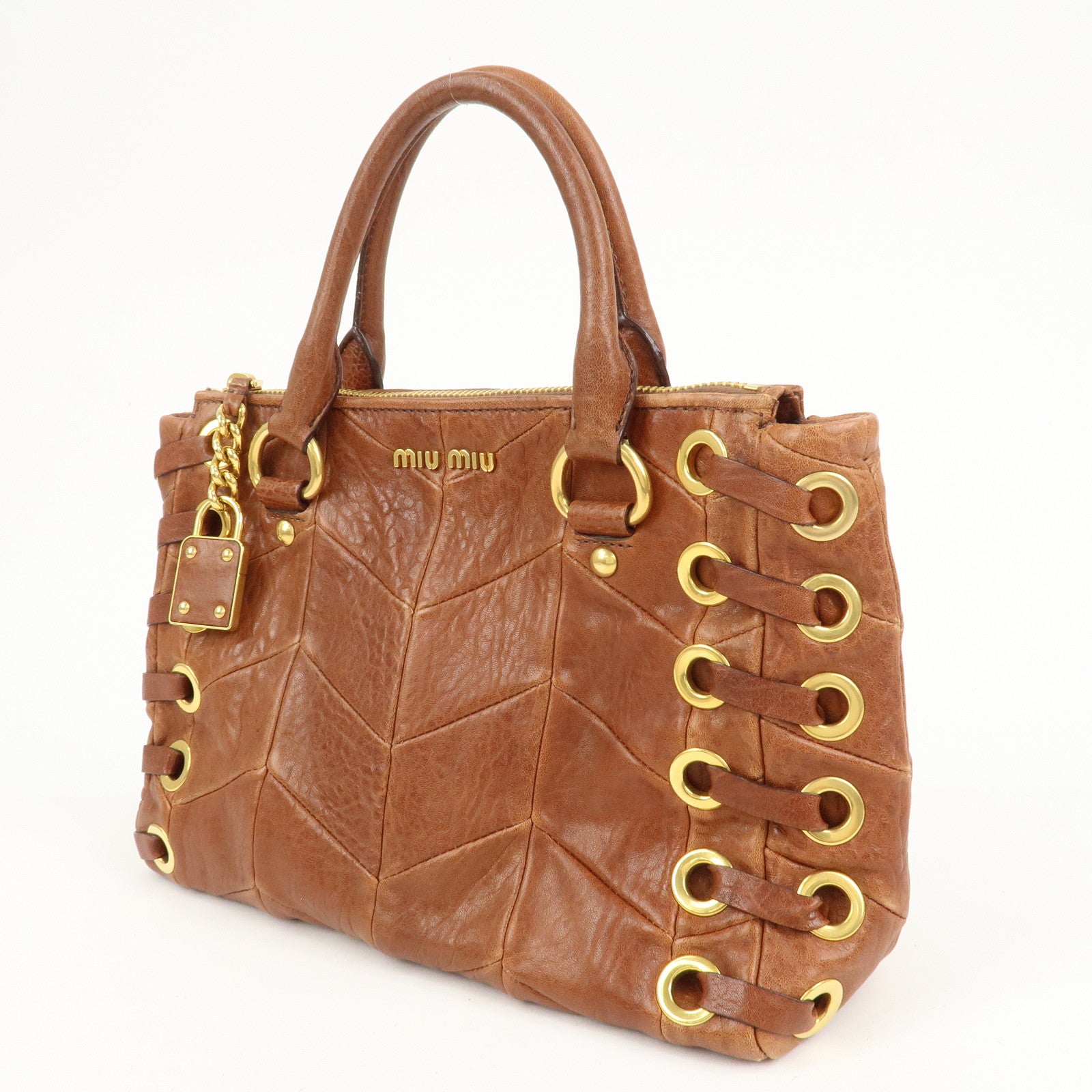 MIU MIU Logo Leather 2Way Bag Hand Bag Shoulder Bag Brown