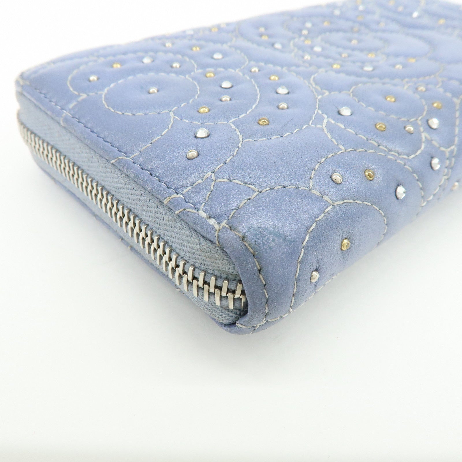 CHANEL Camellia Lamb Skin Round Zippy Wallet Light Blue A82281