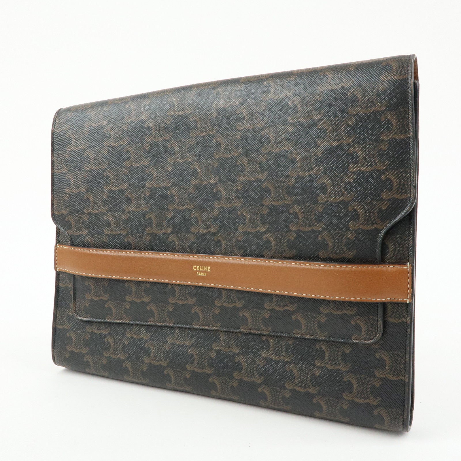 CELINE Triomphe PVC Leather Clutch Bag Pouch Black Brown