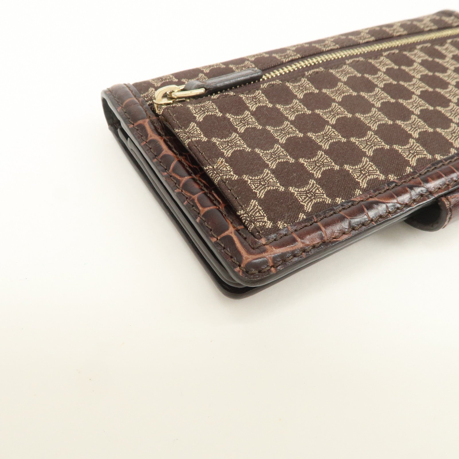 CELINE Macadam Canvas Leather Flap Long Wallet Brown